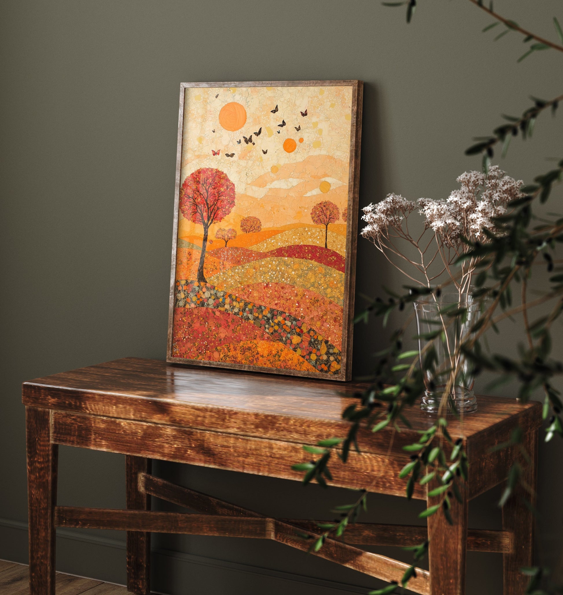 Rolling Hills Landscape Art Print - Butterfly Meadow Poster - Folk Art Painting - Vermilion Slate and Pearl 2/3