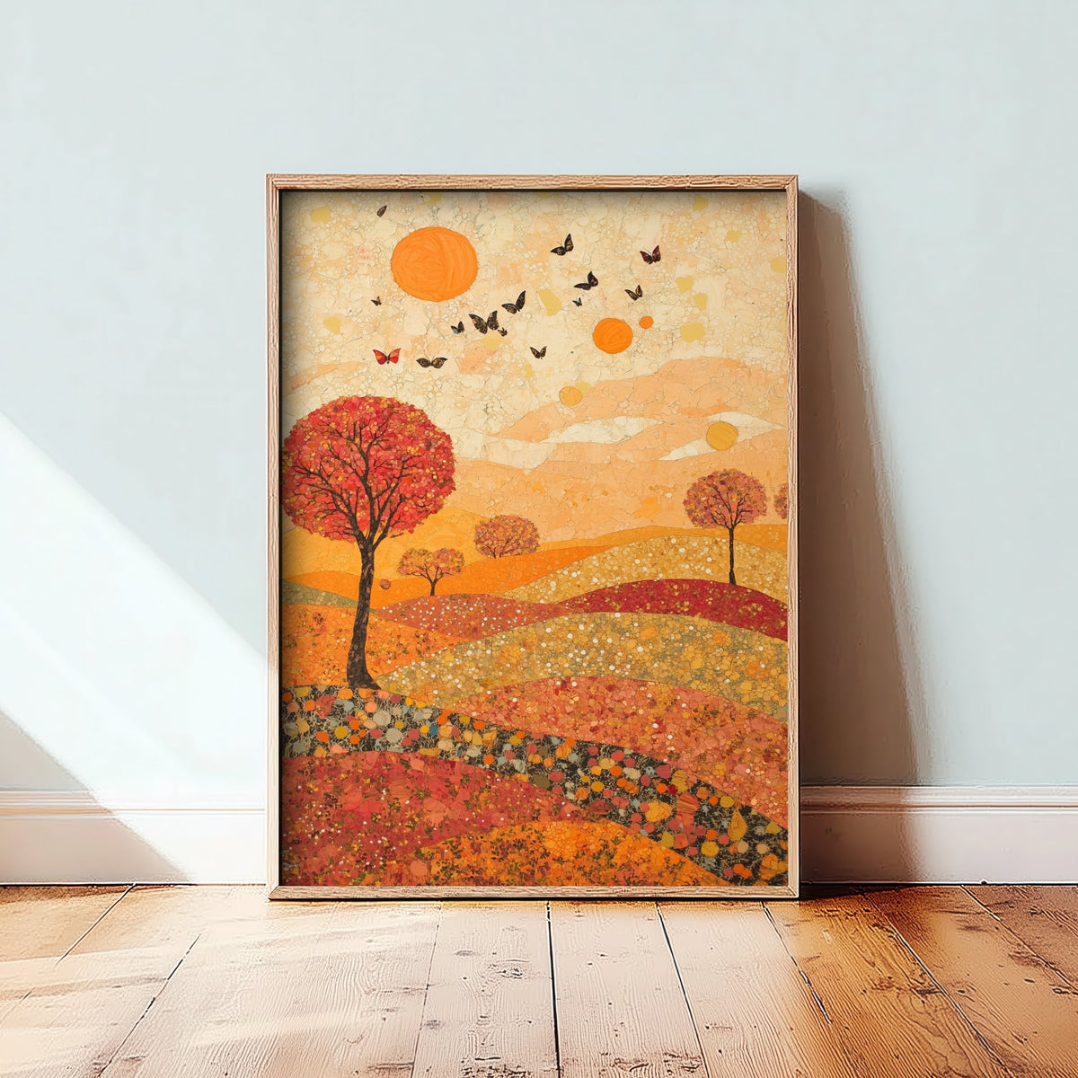 Rolling Hills Landscape Art Print - Butterfly Meadow Poster - Folk Art Painting - Vermilion Slate and Pearl 2/3