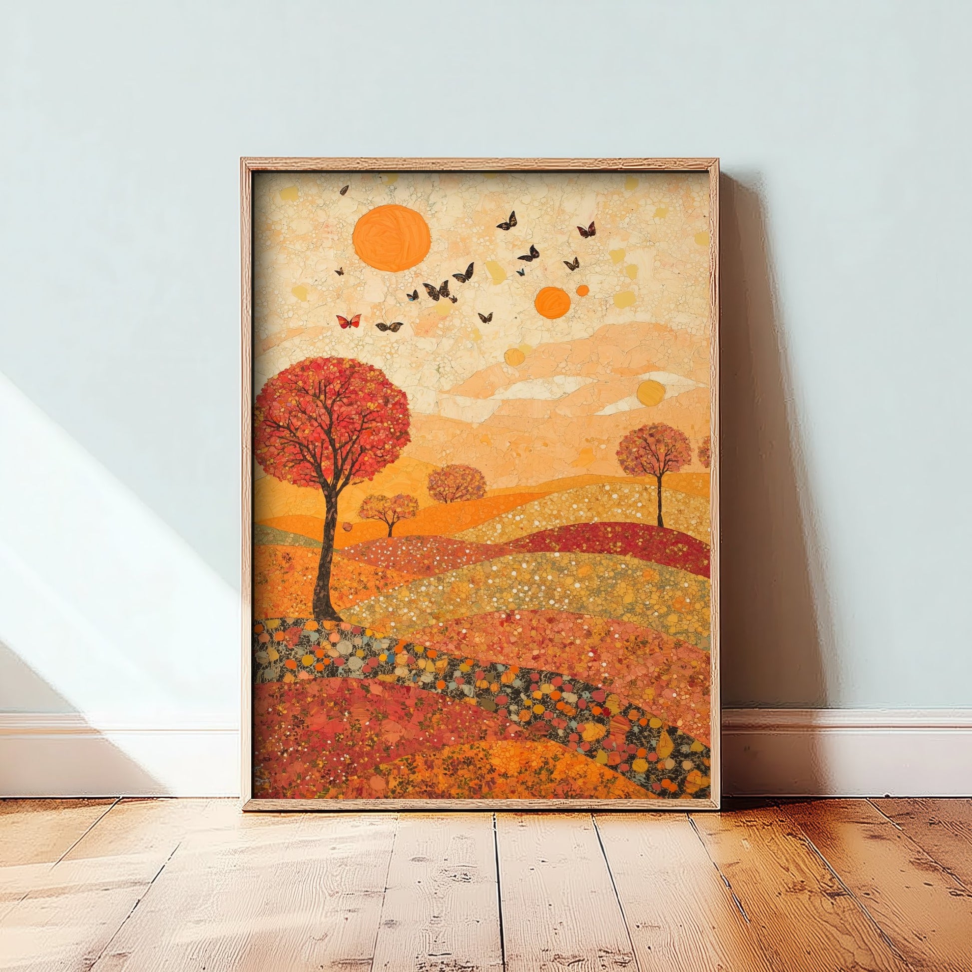 Rolling Hills Landscape Art Print - Butterfly Meadow Poster - Folk Art Painting - Vermilion Slate and Pearl 2/3