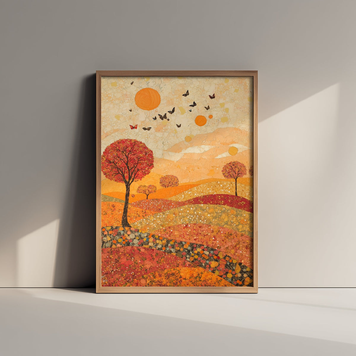 Rolling Hills Landscape Art Print - Butterfly Meadow Poster - Folk Art Painting - Vermilion Slate and Pearl 2/3
