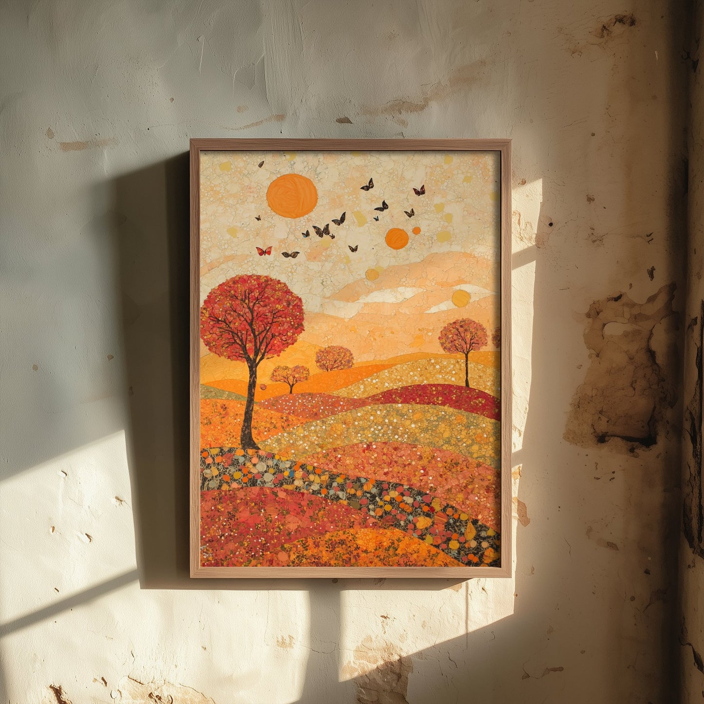 Rolling Hills Landscape Art Print - Butterfly Meadow Poster - Folk Art Painting - Vermilion Slate and Pearl 2/3