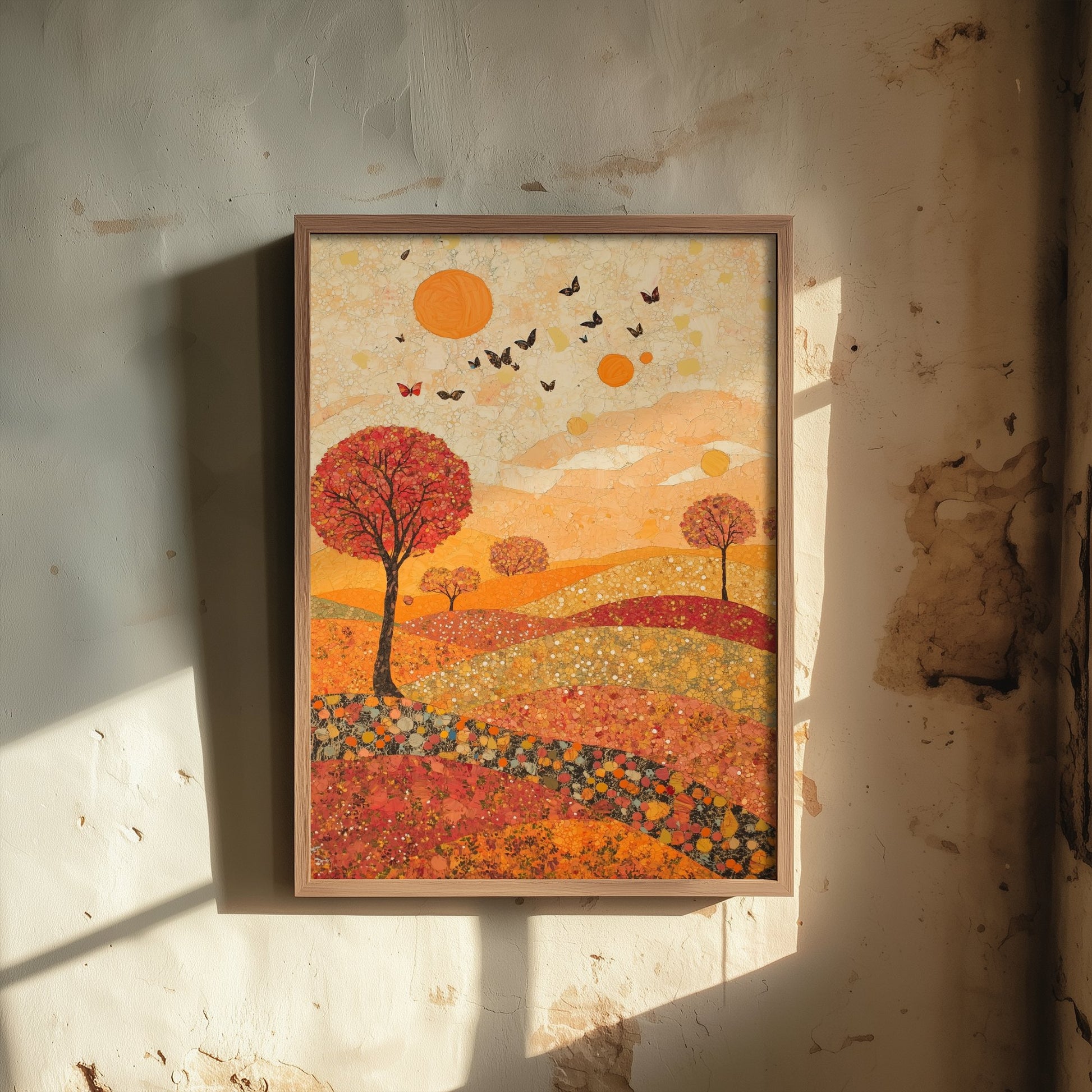 Rolling Hills Landscape Art Print - Butterfly Meadow Poster - Folk Art Painting - Vermilion Slate and Pearl 2/3