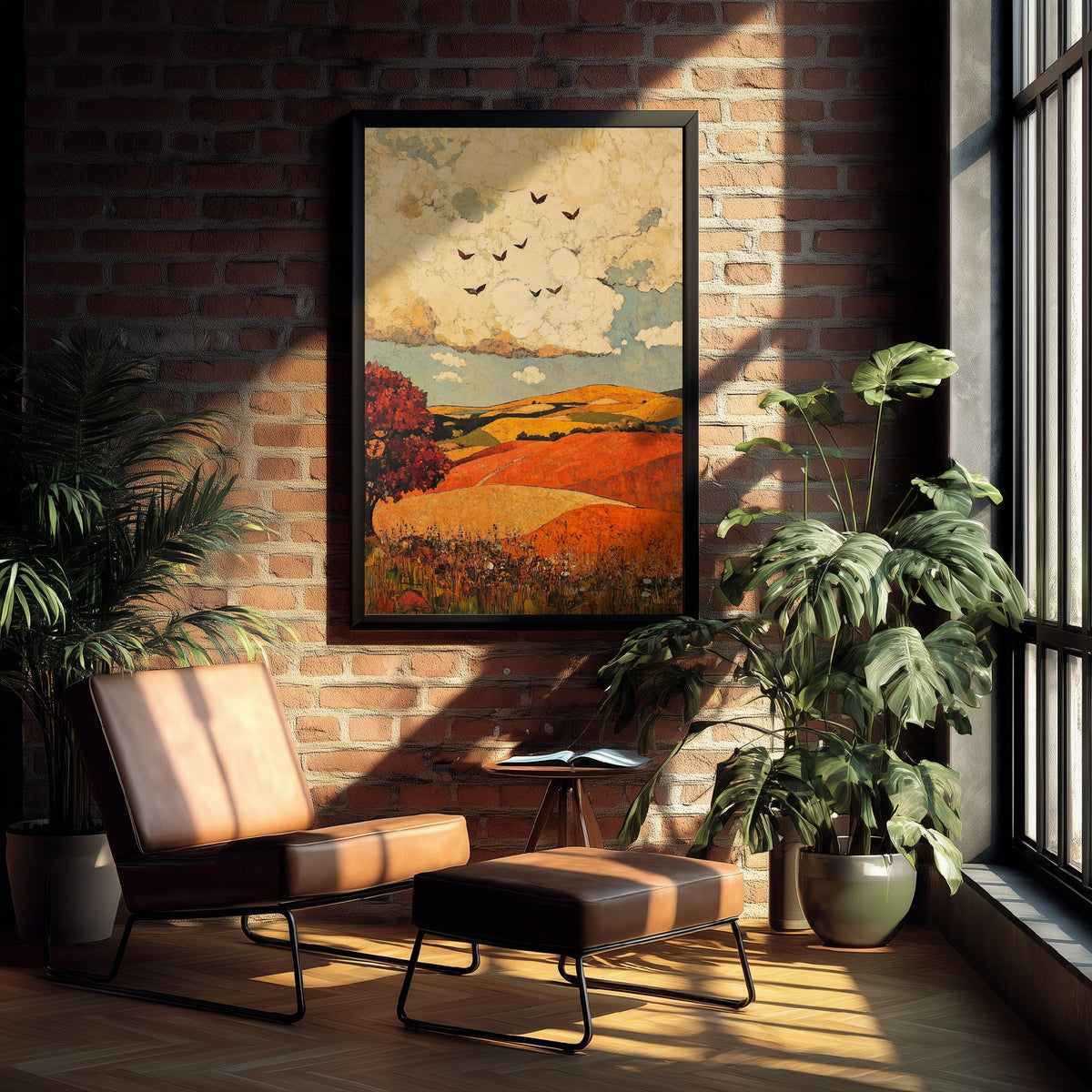 Rolling Hills Landscape Art Print - Butterfly Meadow Poster - Folk Art Painting - Vermilion Slate and Pearl 3/3