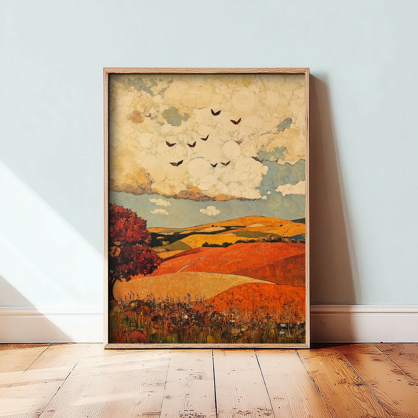 Rolling Hills Landscape Art Print - Butterfly Meadow Poster - Folk Art Painting - Vermilion Slate and Pearl 3/3