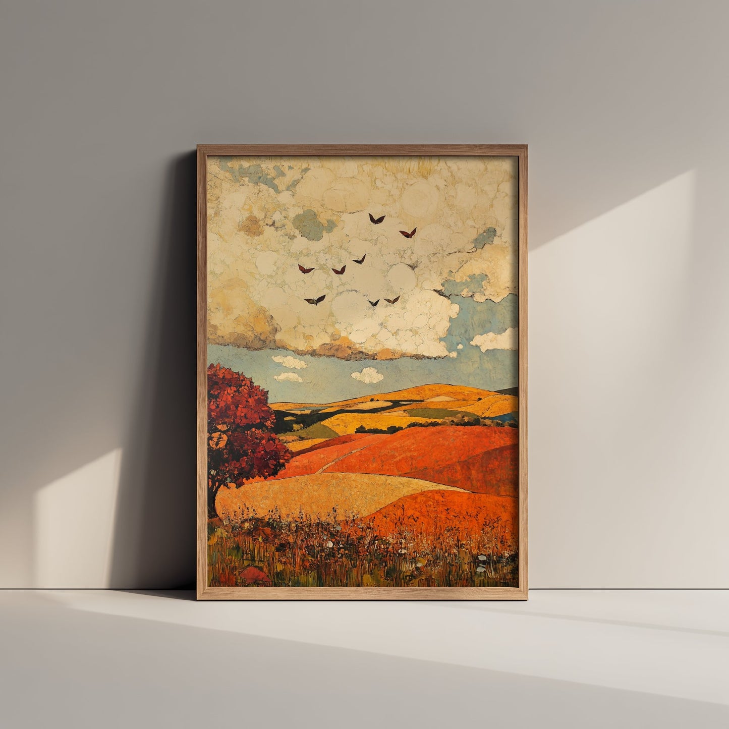 Rolling Hills Landscape Art Print - Butterfly Meadow Poster - Folk Art Painting - Vermilion Slate and Pearl 3/3
