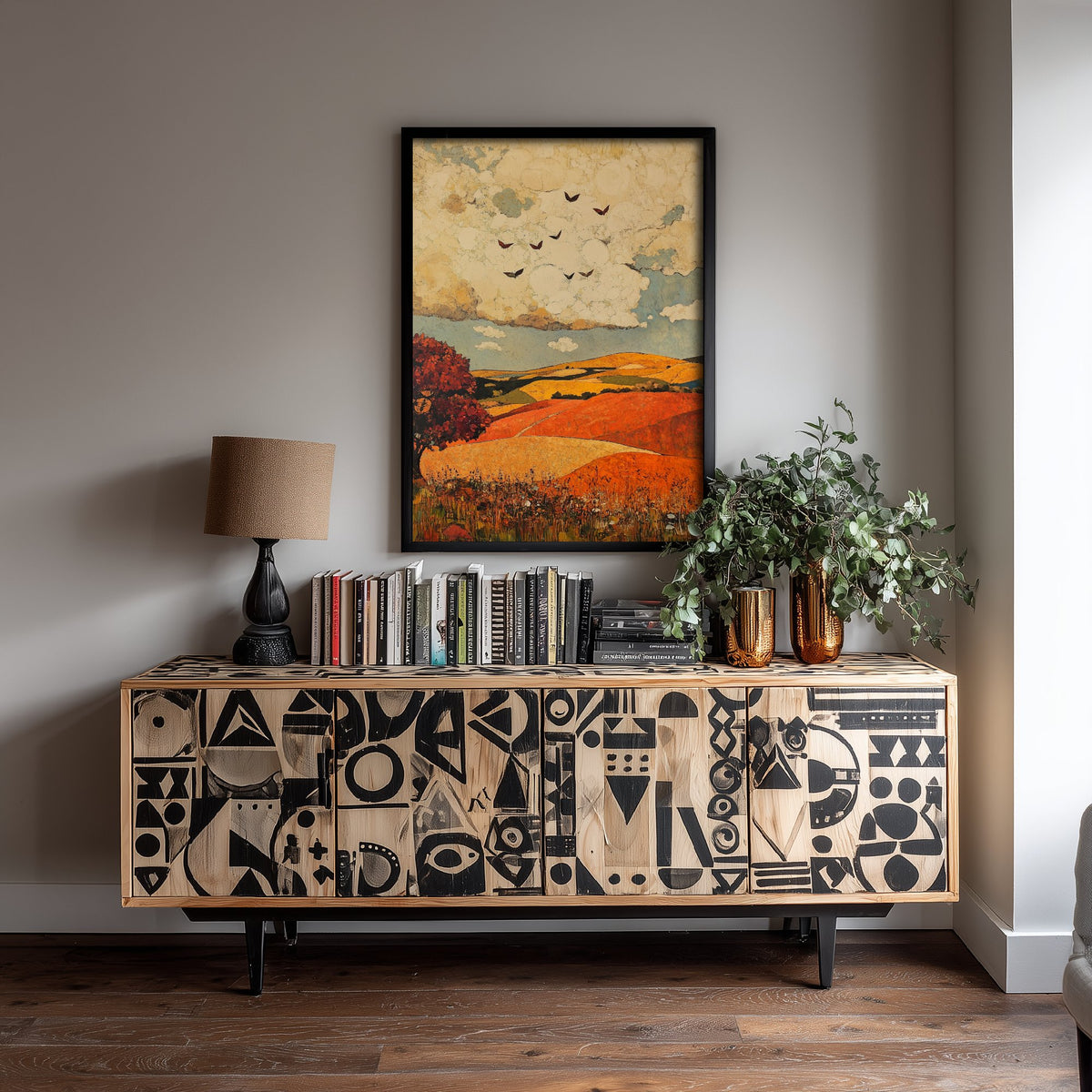 Rolling Hills Landscape Art Print - Butterfly Meadow Poster - Folk Art Painting - Vermilion Slate and Pearl 3/3