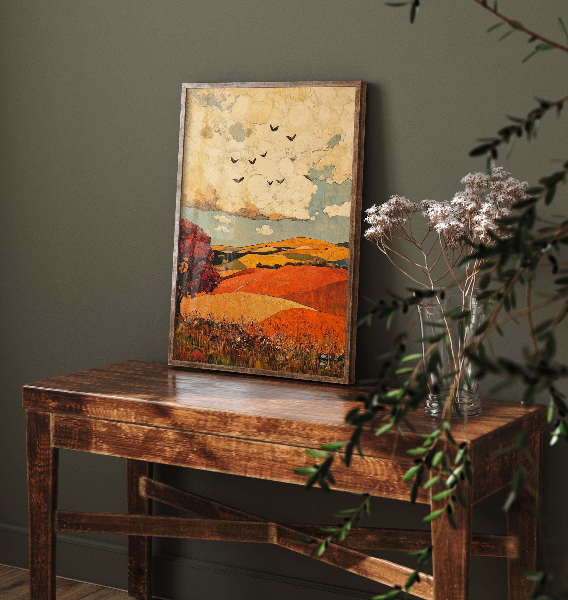 Rolling Hills Landscape Art Print - Butterfly Meadow Poster - Folk Art Painting - Vermilion Slate and Pearl 3/3