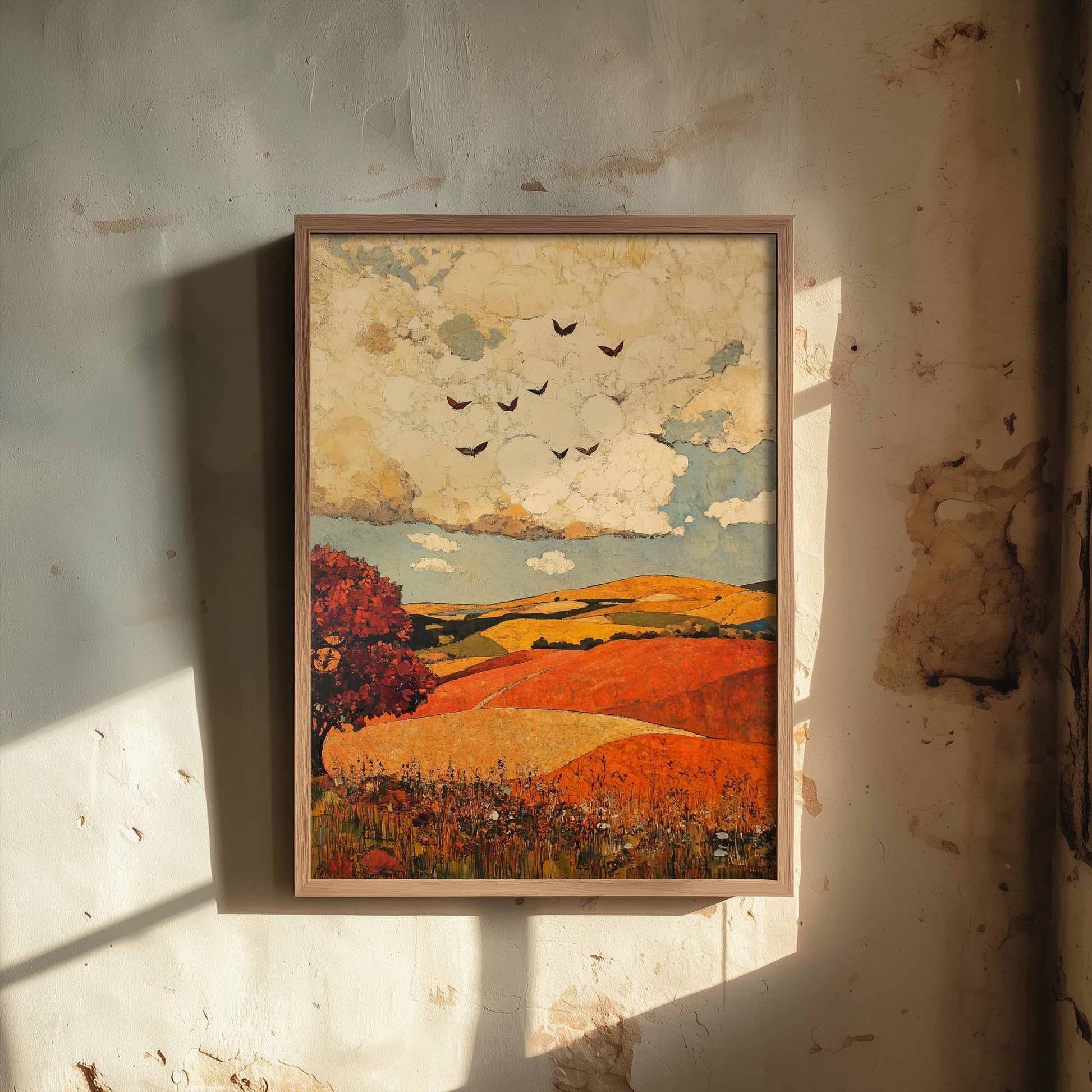 Rolling Hills Landscape Art Print - Butterfly Meadow Poster - Folk Art Painting - Vermilion Slate and Pearl 3/3