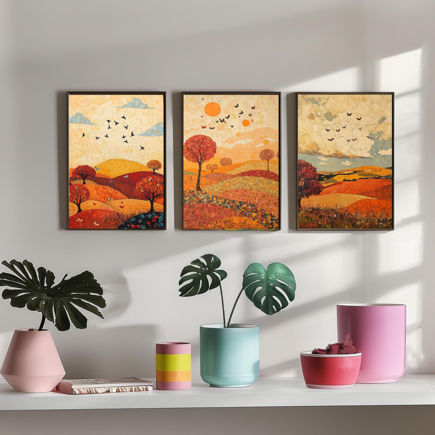 Rolling Hills Butterfly Set of Three Art Prints - Vermilion Slate and Pearl - Autumn Meadow Poster Illustration