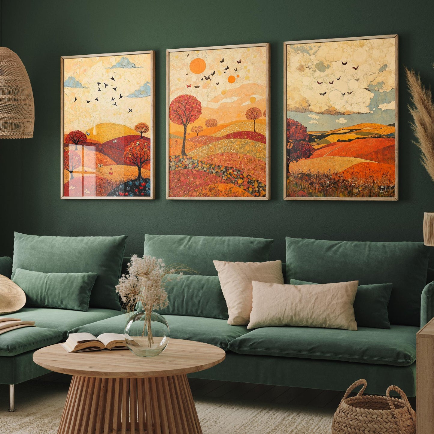 Rolling Hills Butterfly Set of Three Art Prints - Vermilion Slate and Pearl - Autumn Meadow Poster Illustration