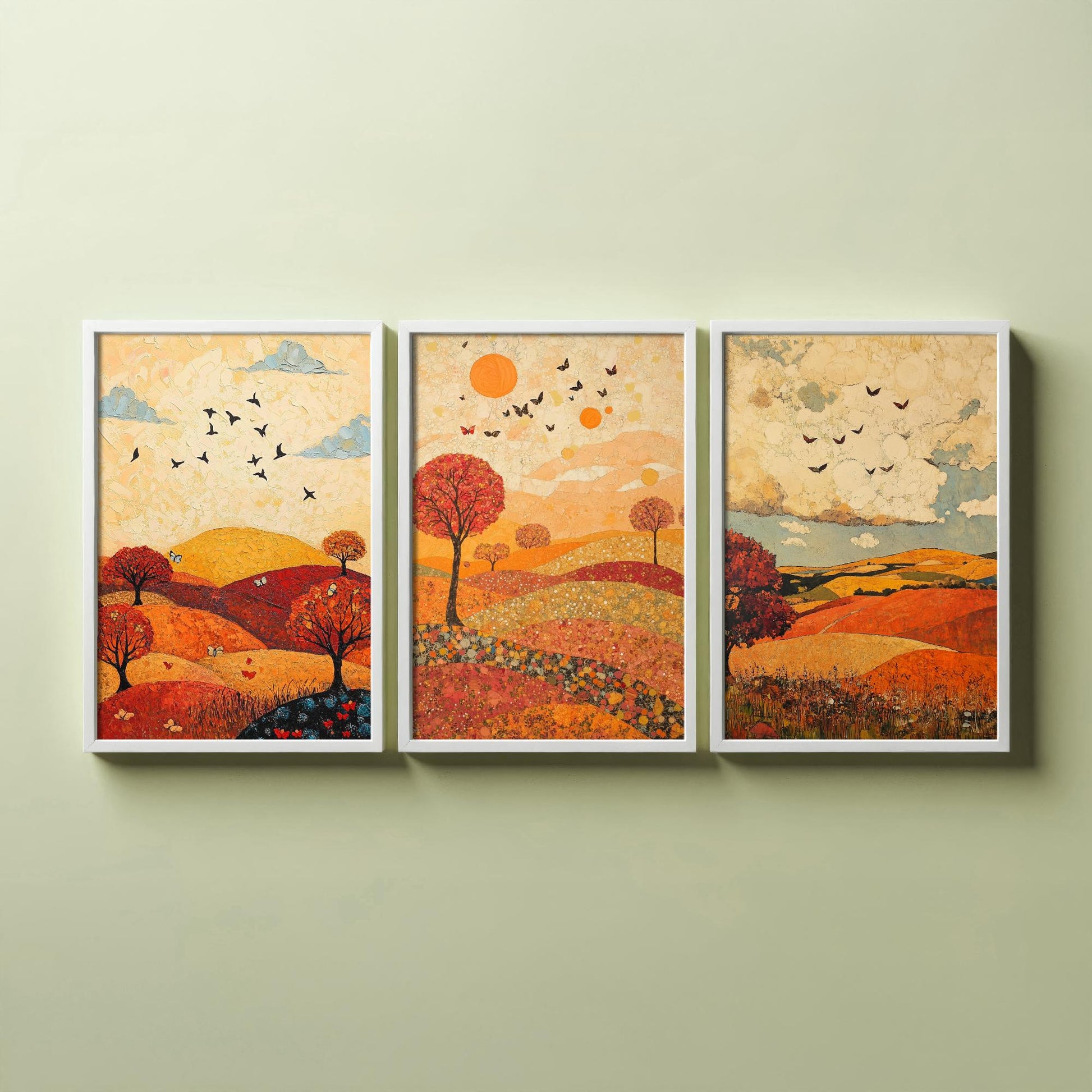 Rolling Hills Butterfly Set of Three Art Prints - Vermilion Slate and Pearl - Autumn Meadow Poster Illustration