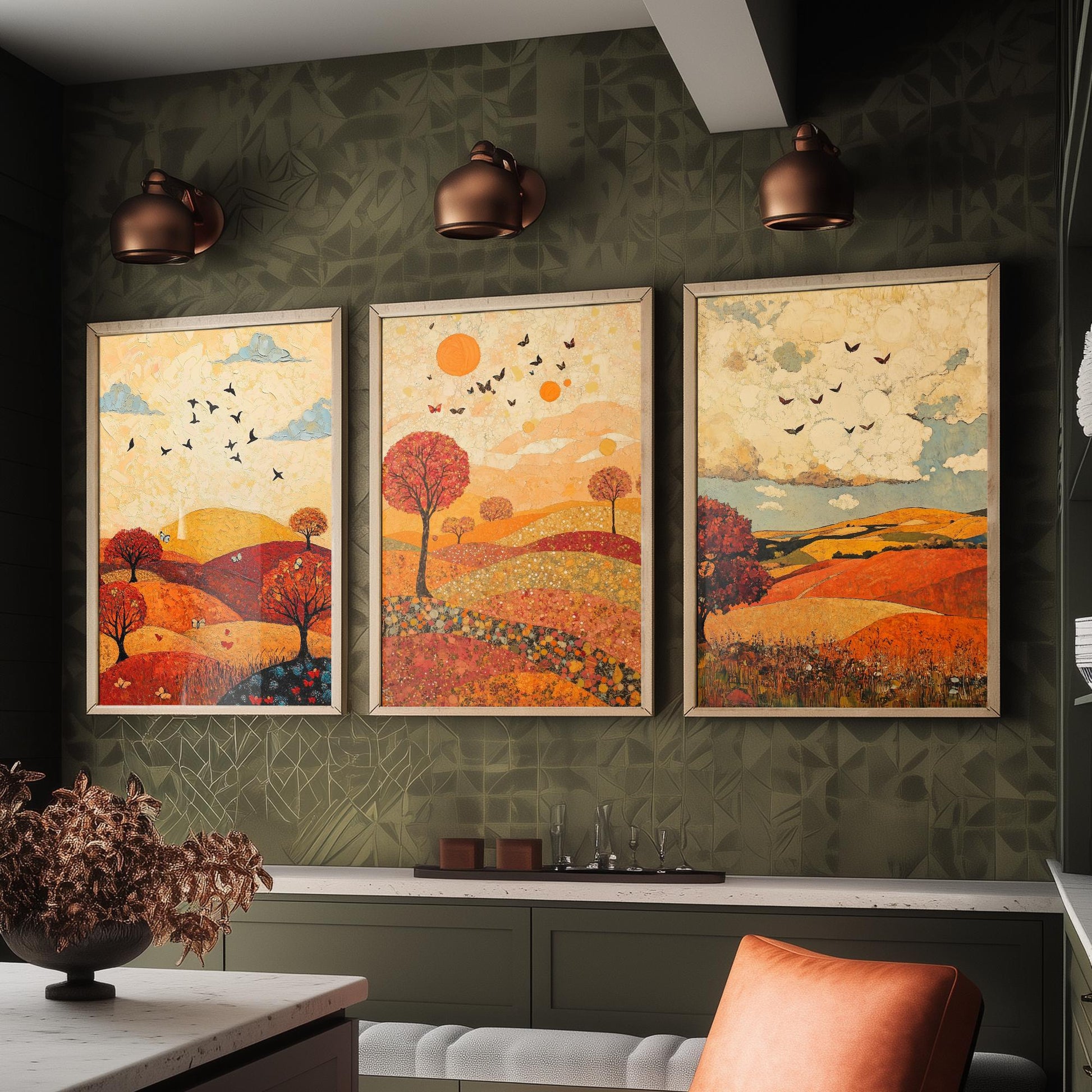 Rolling Hills Butterfly Set of Three Art Prints - Vermilion Slate and Pearl - Autumn Meadow Poster Illustration