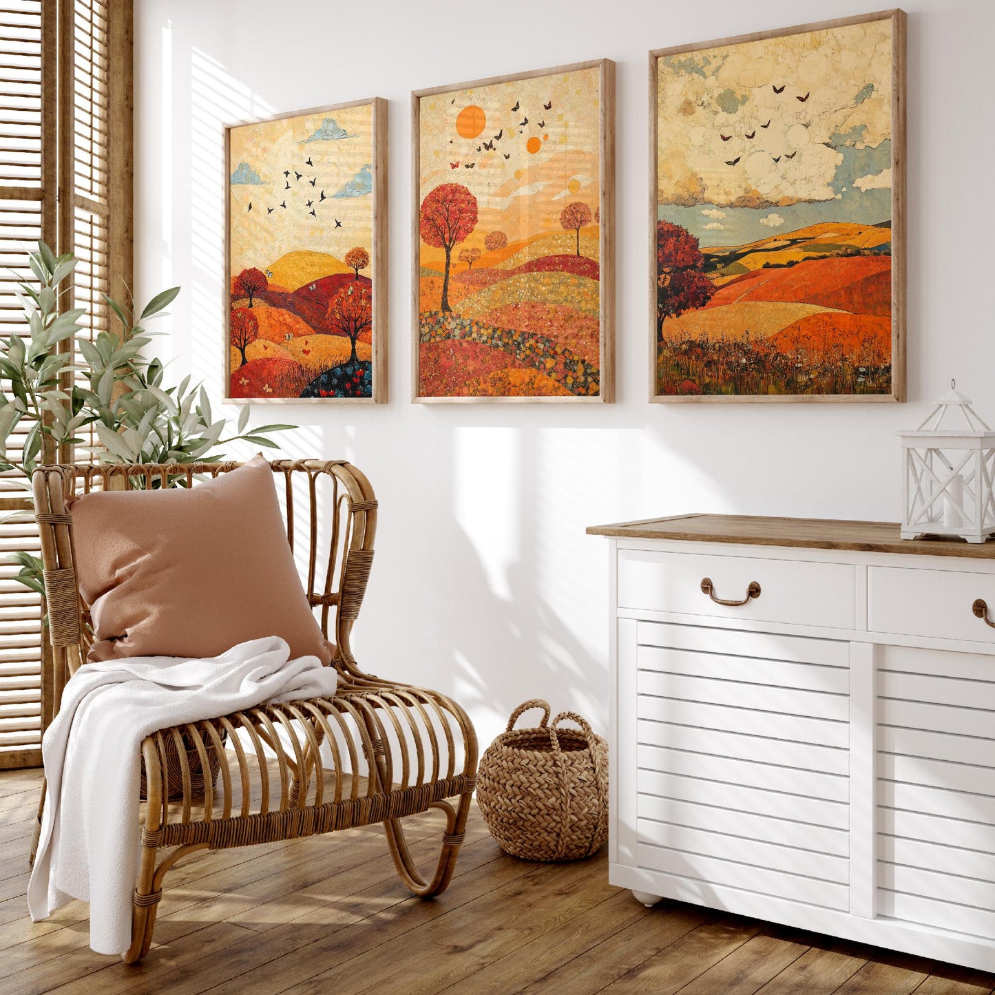Rolling Hills Butterfly Set of Three Art Prints - Vermilion Slate and Pearl - Autumn Meadow Poster Illustration
