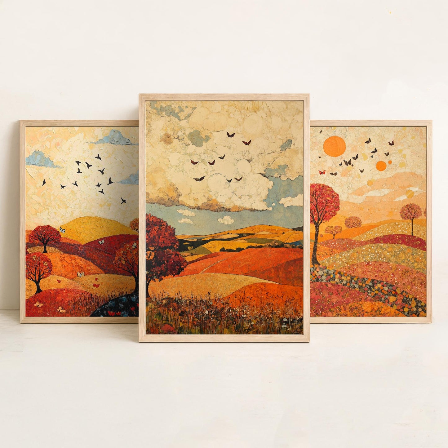 Rolling Hills Butterfly Set of Three Art Prints - Vermilion Slate and Pearl - Autumn Meadow Poster Illustration