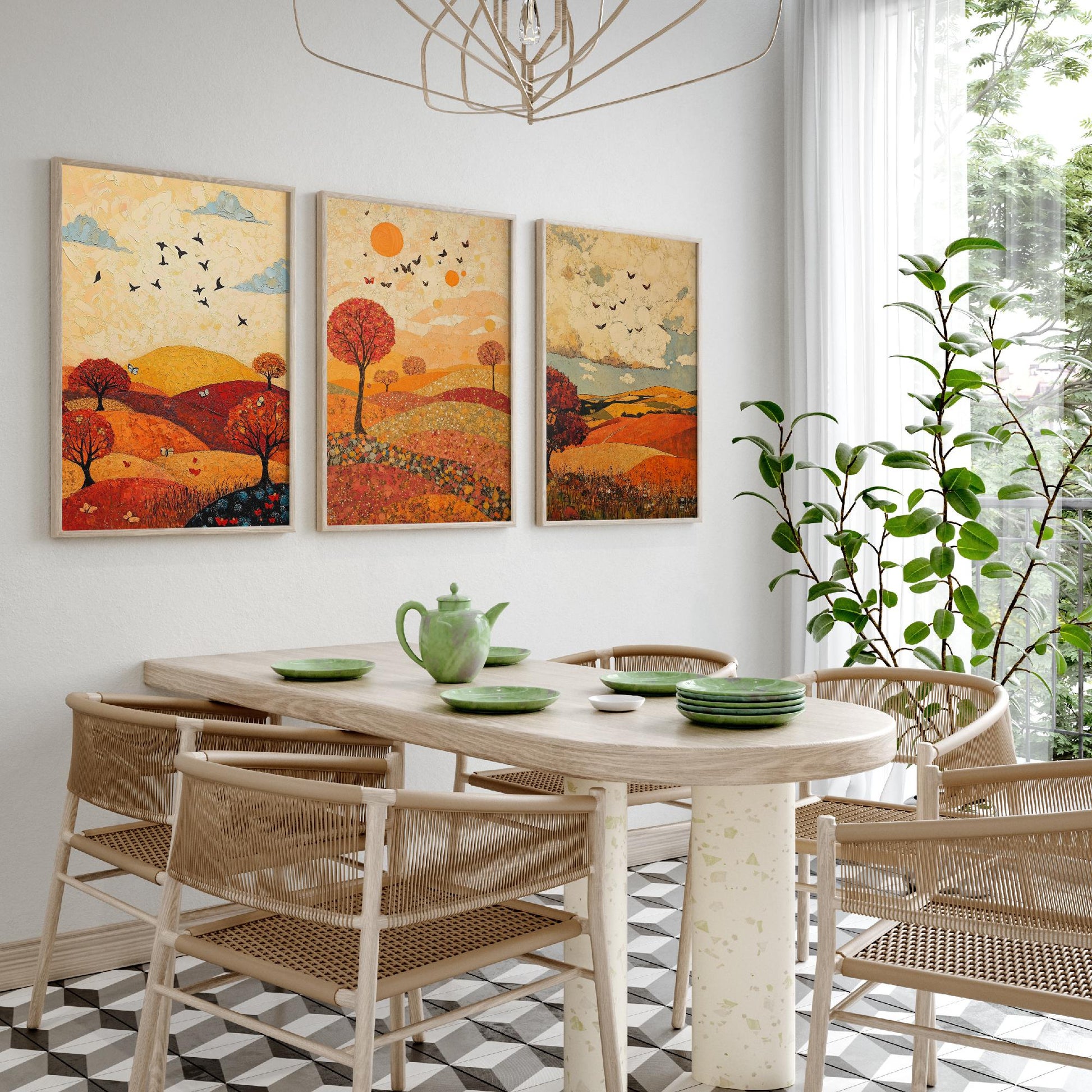 Rolling Hills Butterfly Set of Three Art Prints - Vermilion Slate and Pearl - Autumn Meadow Poster Illustration