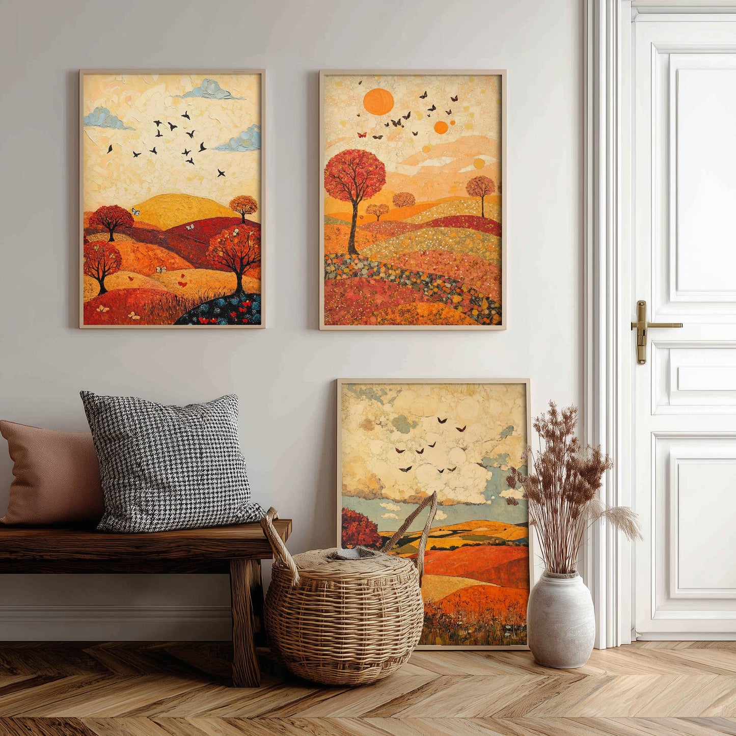 Rolling Hills Butterfly Set of Three Art Prints - Vermilion Slate and Pearl - Autumn Meadow Poster Illustration