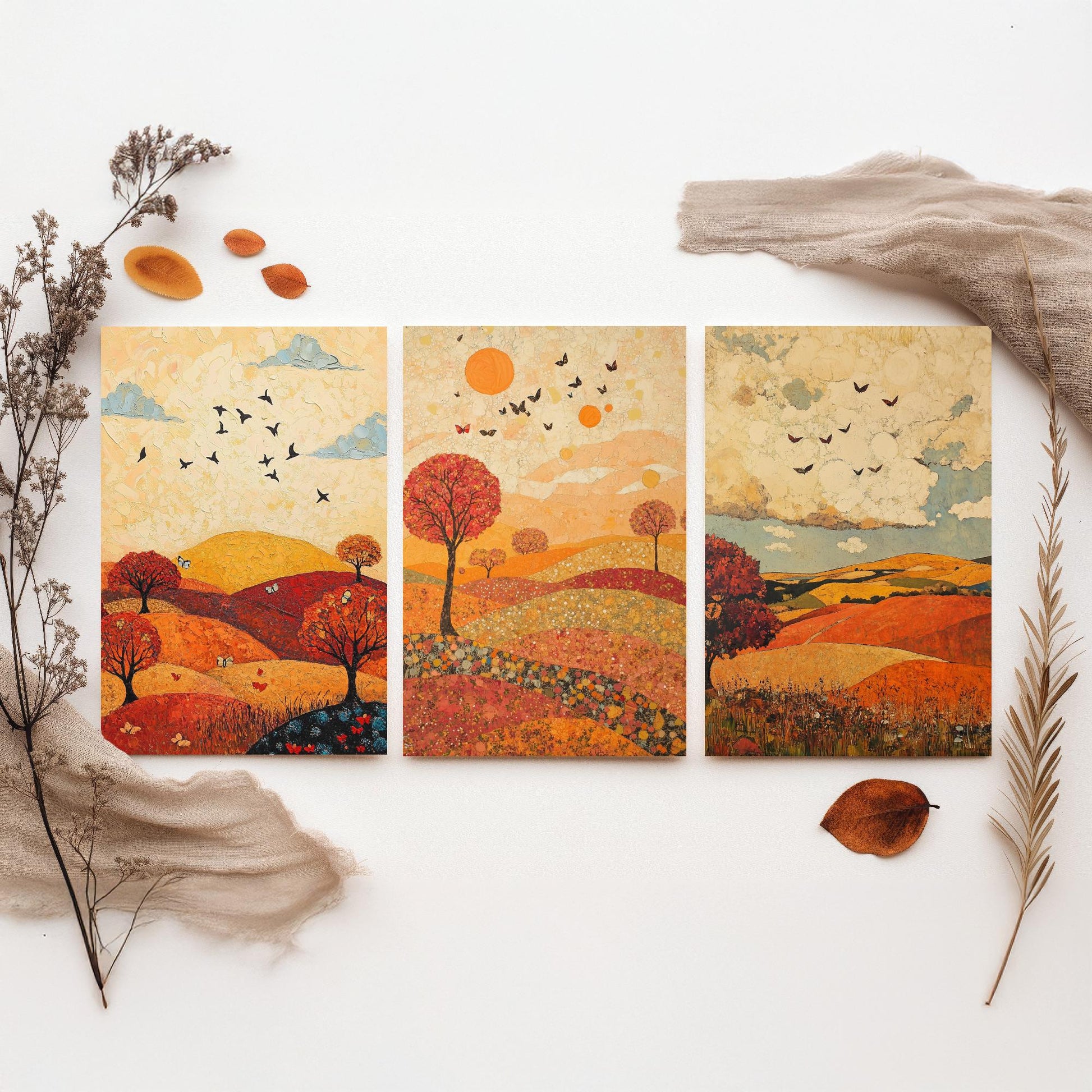 Rolling Hills Butterfly Set of Three Art Prints - Vermilion Slate and Pearl - Autumn Meadow Poster Illustration