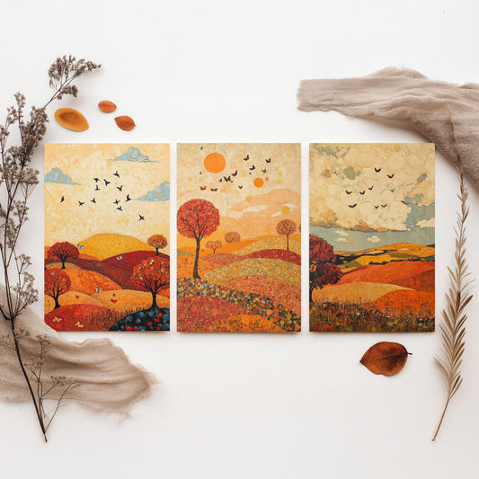 Rolling Hills Butterfly Set of Three Art Prints - Vermilion Slate and Pearl - Autumn Meadow Poster Illustration