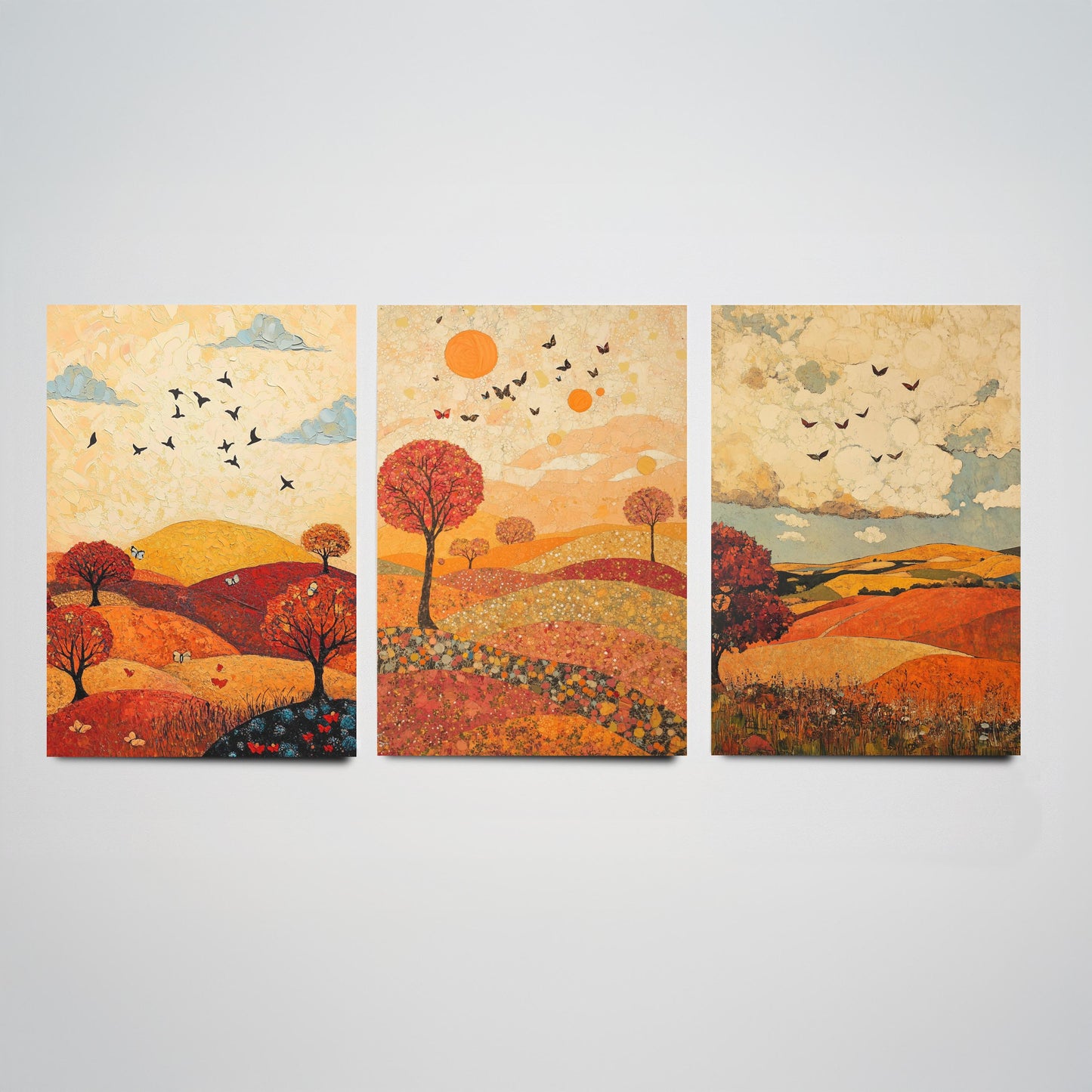 Rolling Hills Butterfly Set of Three Art Prints - Vermilion Slate and Pearl - Autumn Meadow Poster Illustration