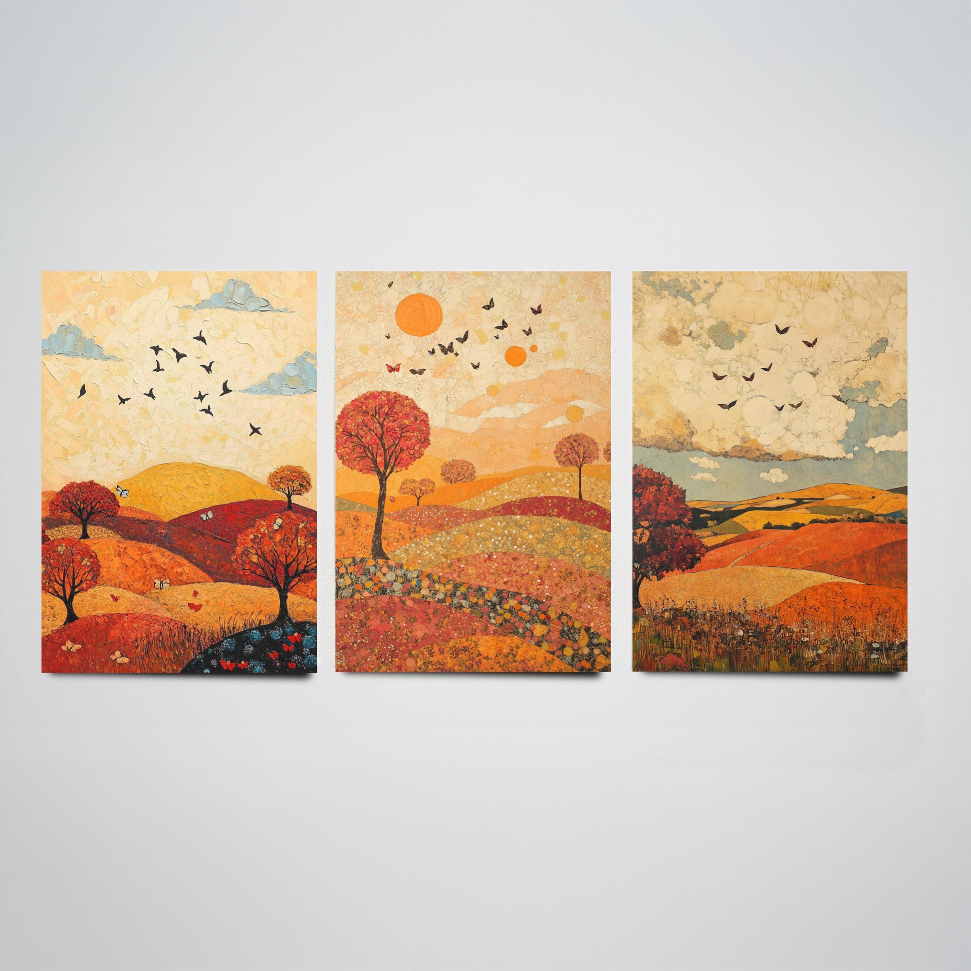 Rolling Hills Butterfly Set of Three Art Prints - Vermilion Slate and Pearl - Autumn Meadow Poster Illustration