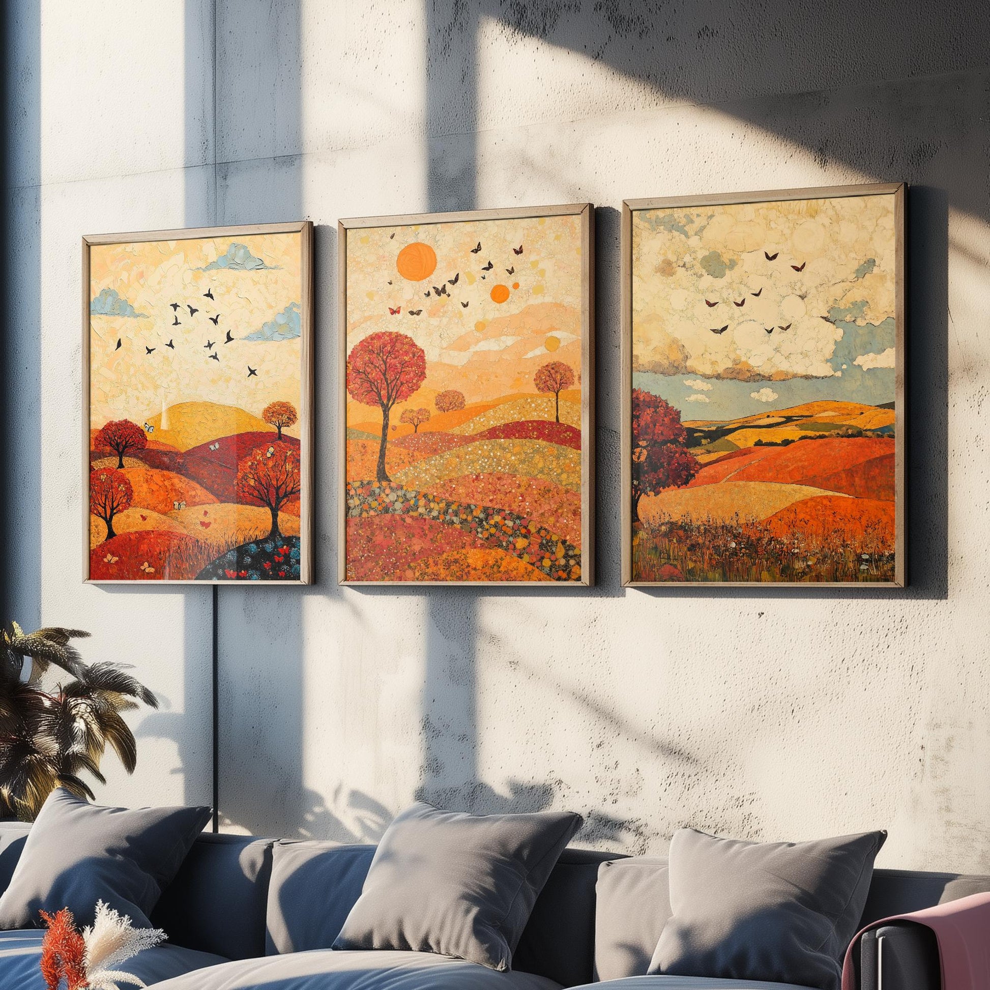 Rolling Hills Butterfly Set of Three Art Prints - Vermilion Slate and Pearl - Autumn Meadow Poster Illustration