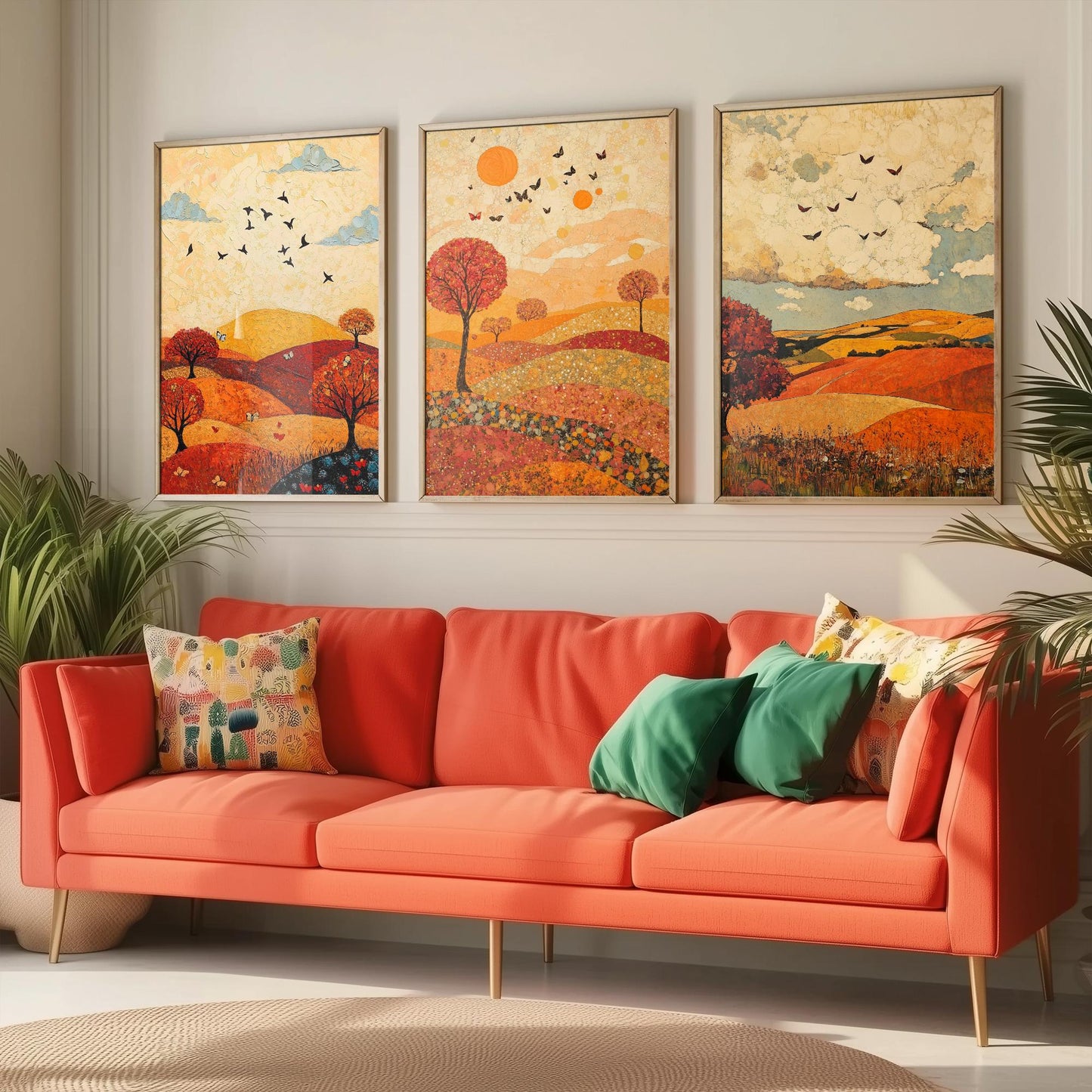 Rolling Hills Butterfly Set of Three Art Prints - Vermilion Slate and Pearl - Autumn Meadow Poster Illustration