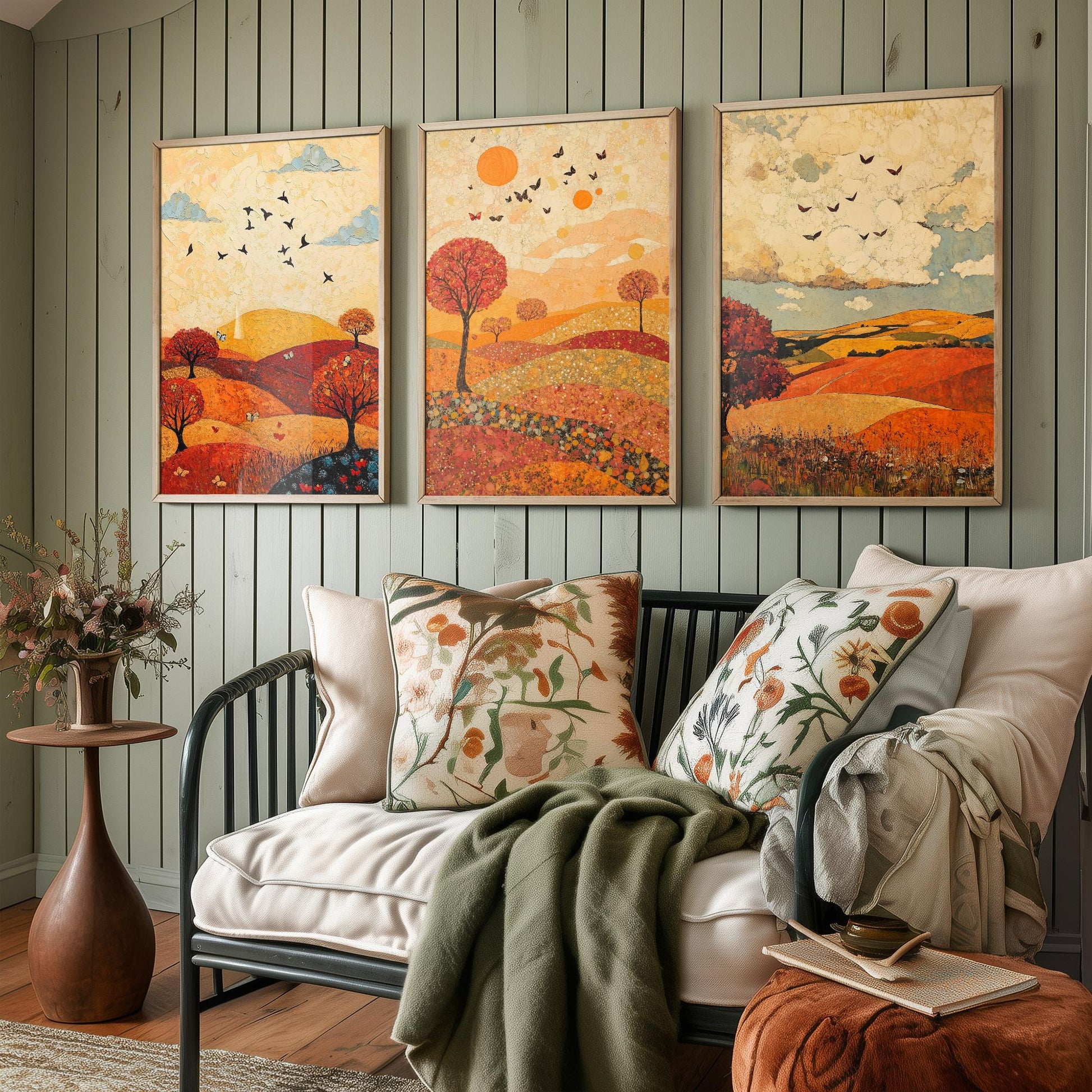 Rolling Hills Butterfly Set of Three Art Prints - Vermilion Slate and Pearl - Autumn Meadow Poster Illustration