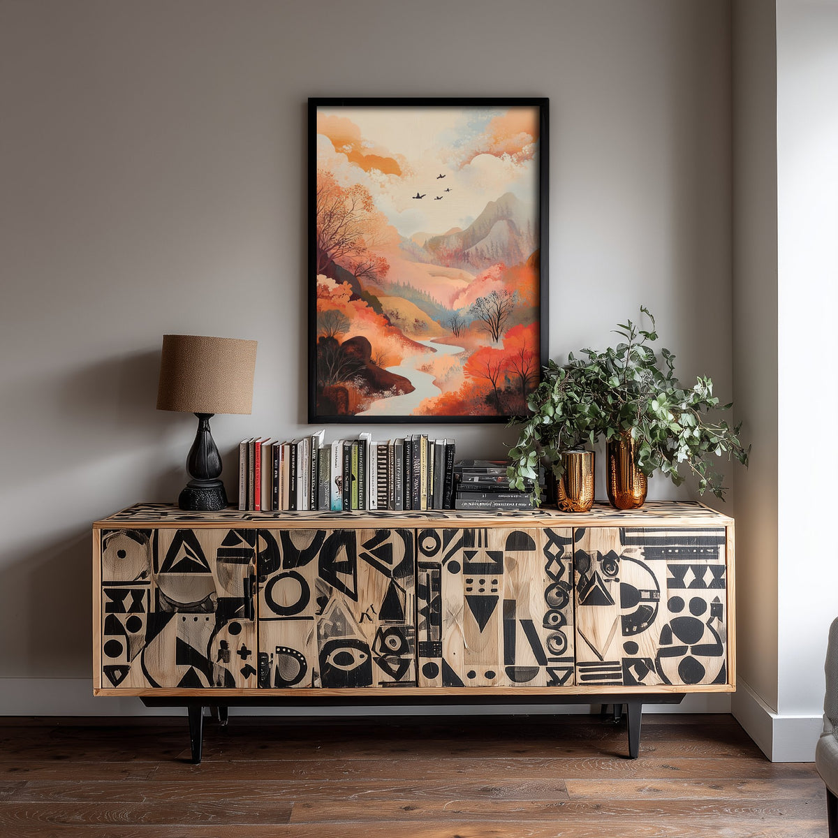 Rolling Hills Landscape Art Print - Butterfly Meadow Poster - Folk Art Painting - Wistful Grunge 1/3