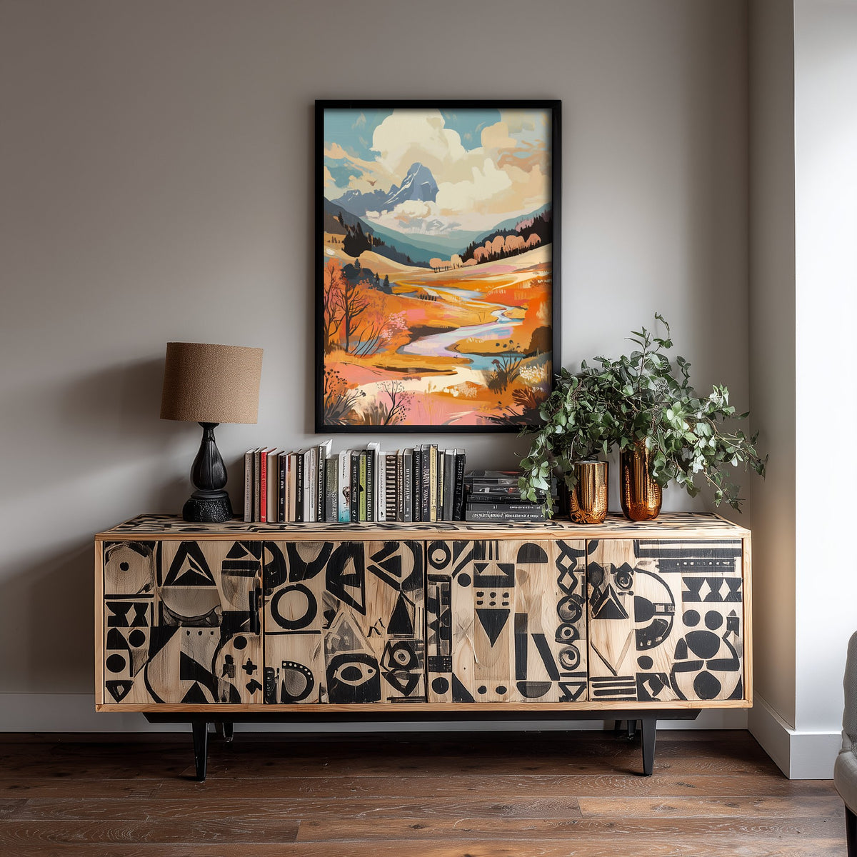Rolling Hills Landscape Art Print - Butterfly Meadow Poster - Folk Art Painting - Wistful Grunge 2/3