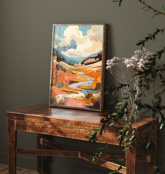 Rolling Hills Landscape Art Print - Butterfly Meadow Poster - Folk Art Painting - Wistful Grunge 2/3