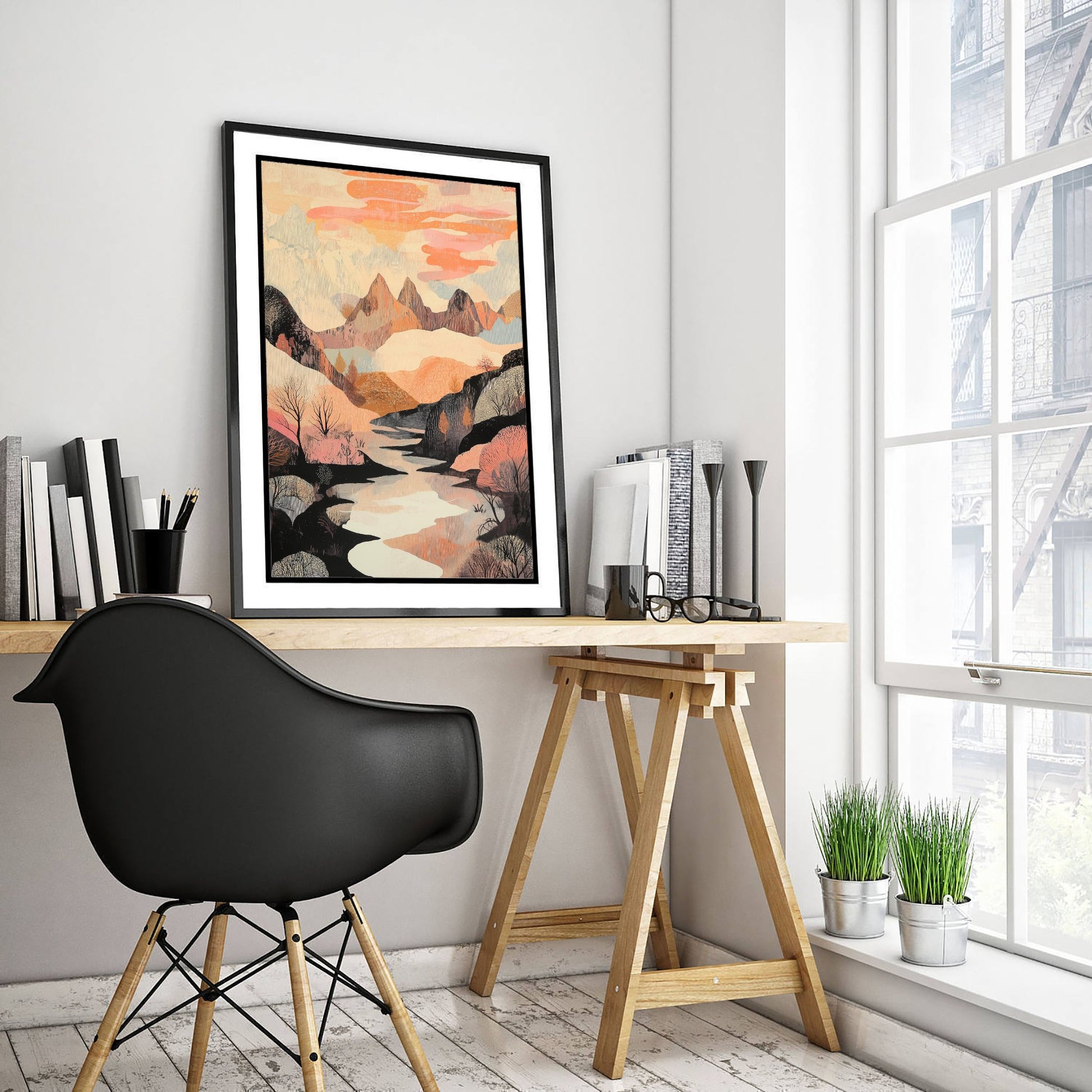 Rolling Hills Landscape Art Print - Butterfly Meadow Poster - Folk Art Painting - Wistful Grunge 3/3