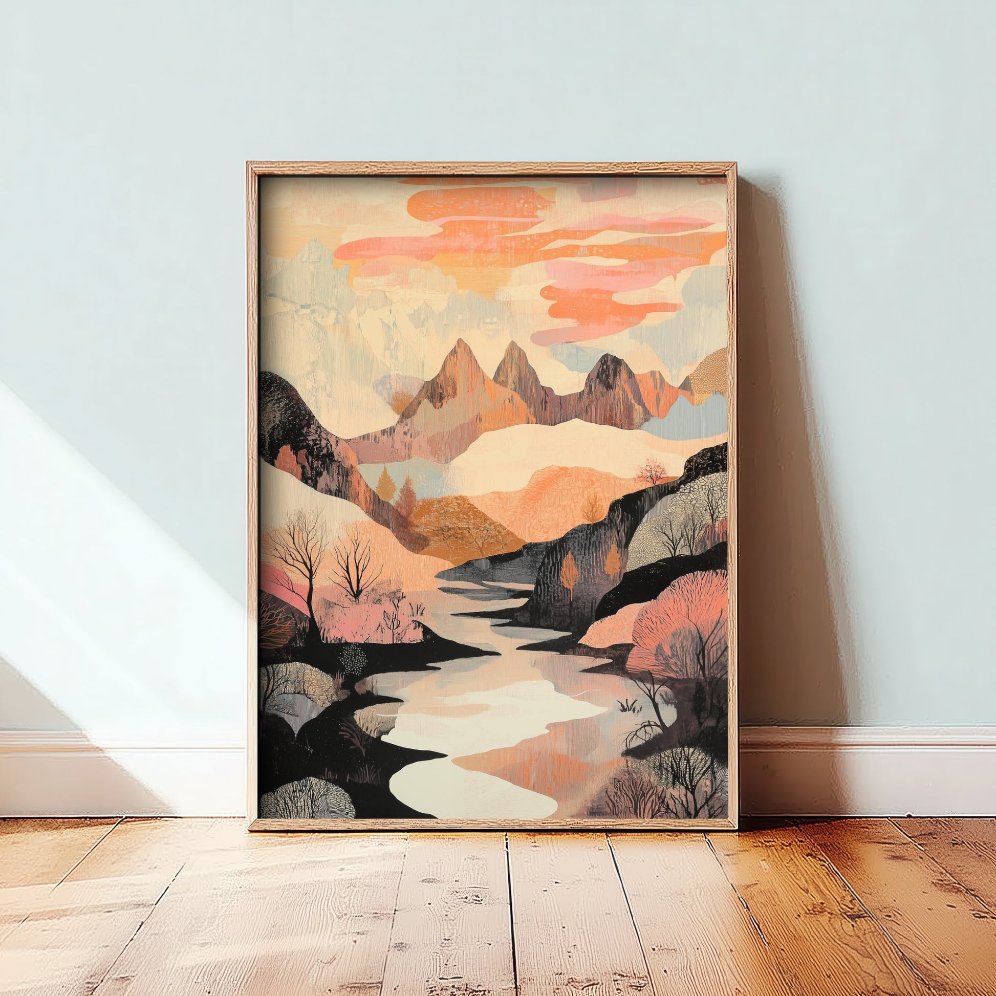 Rolling Hills Landscape Art Print - Butterfly Meadow Poster - Folk Art Painting - Wistful Grunge 3/3