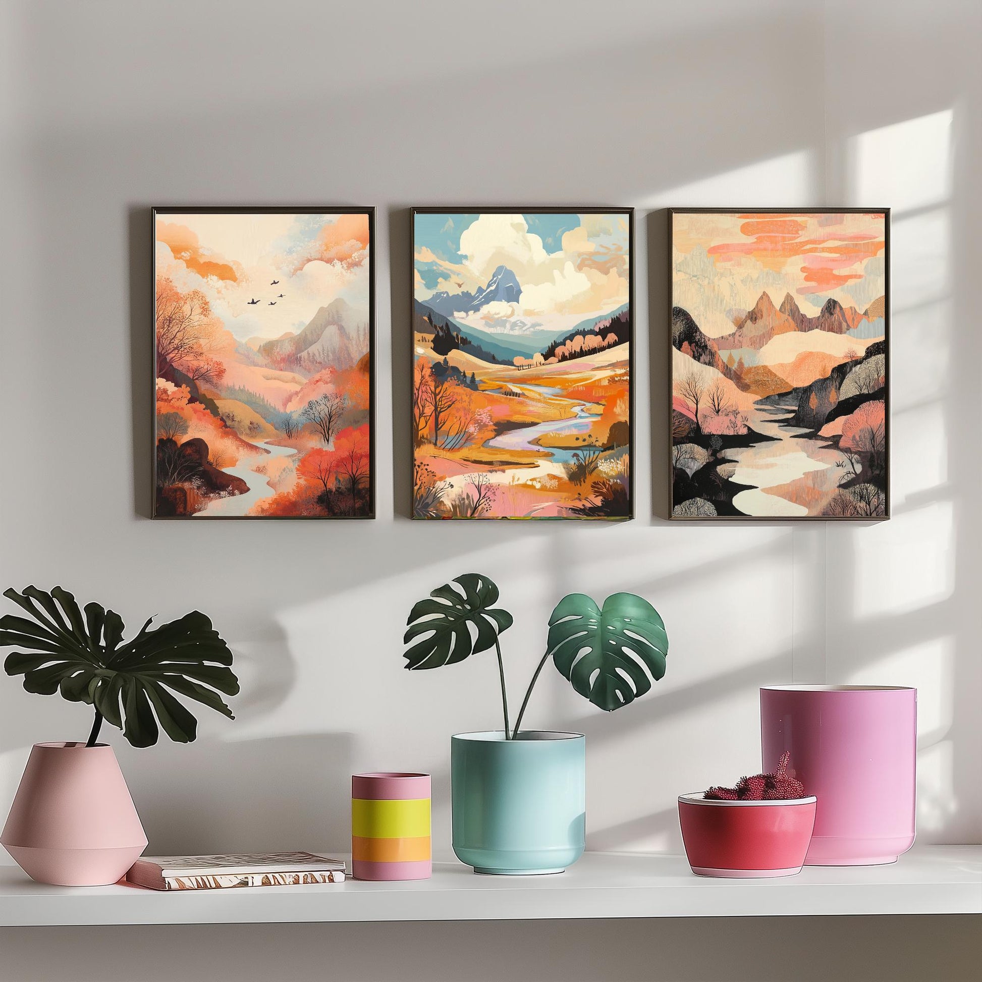 Rolling Hills Landscape Set of Three Art Prints - Wistful Grunge Palette - Misty Valley Poster Illustration Gift