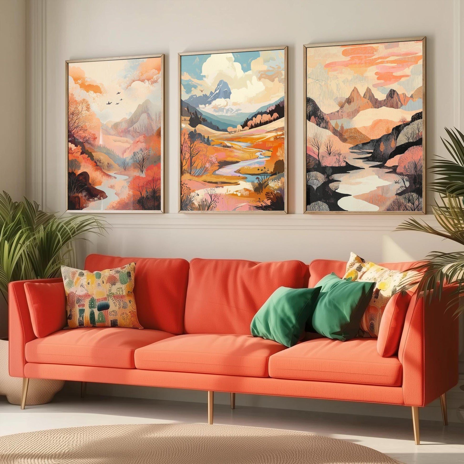 Rolling Hills Landscape Set of Three Art Prints - Wistful Grunge Palette - Misty Valley Poster Illustration Gift