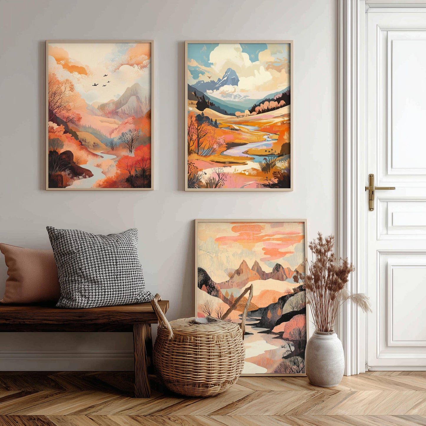 Rolling Hills Landscape Set of Three Art Prints - Wistful Grunge Palette - Misty Valley Poster Illustration Gift