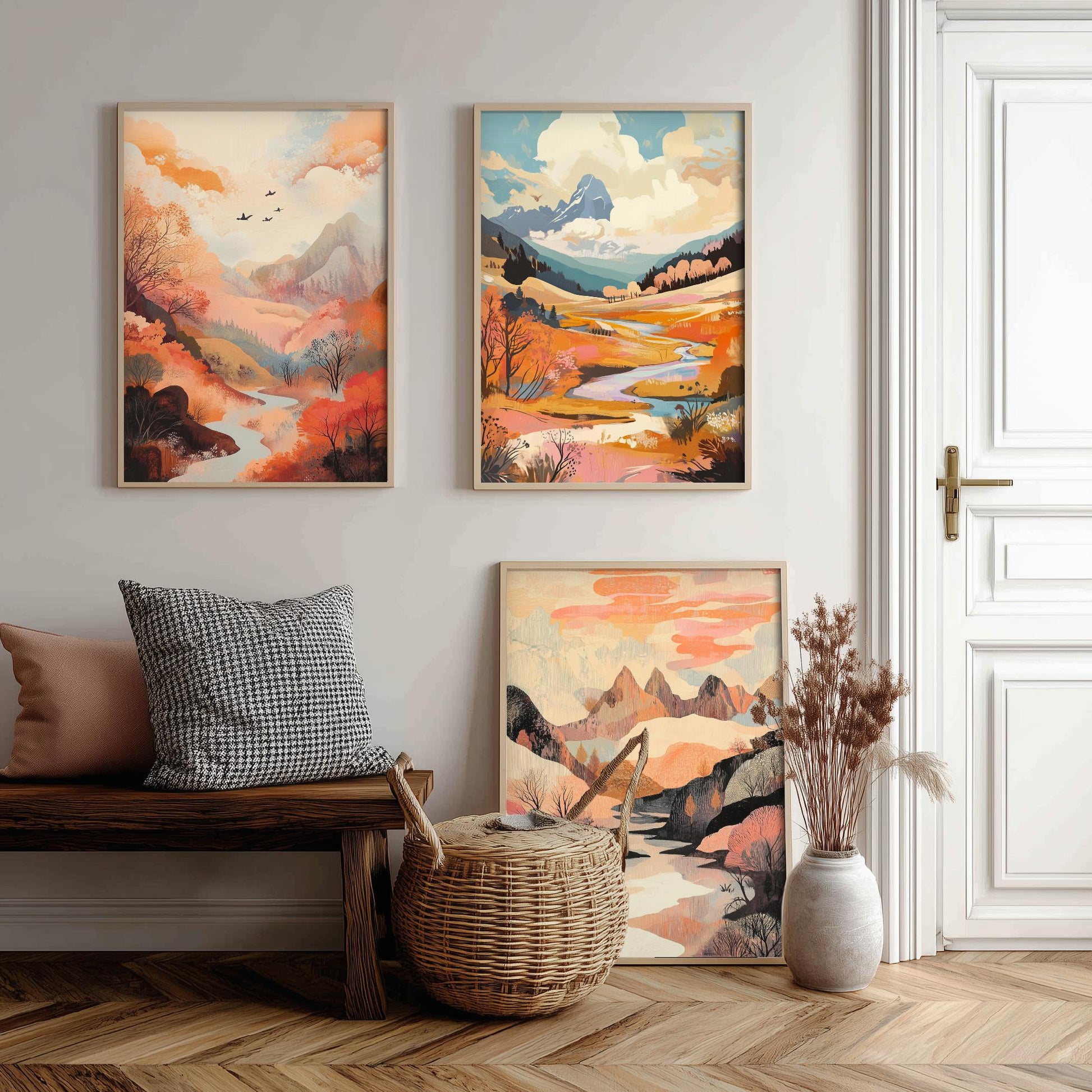 Rolling Hills Landscape Set of Three Art Prints - Wistful Grunge Palette - Misty Valley Poster Illustration Gift