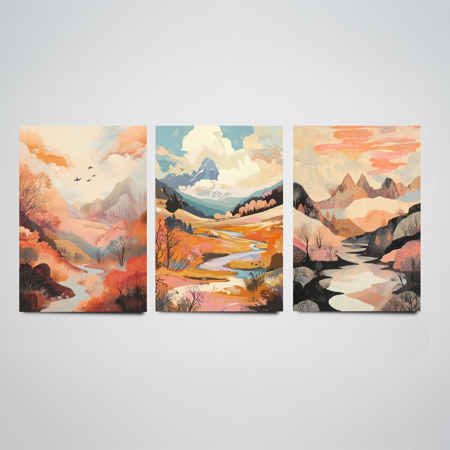 Rolling Hills Landscape Set of Three Art Prints - Wistful Grunge Palette - Misty Valley Poster Illustration Gift