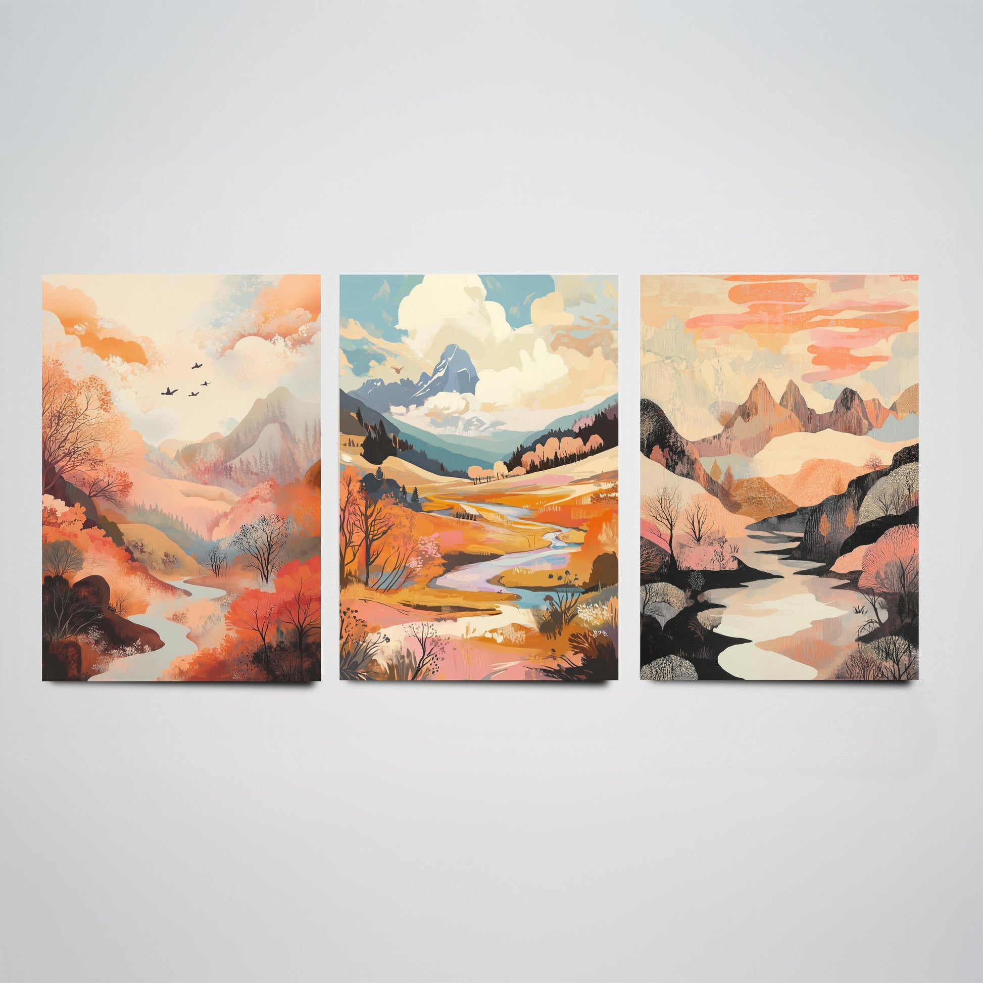 Rolling Hills Landscape Set of Three Art Prints - Wistful Grunge Palette - Misty Valley Poster Illustration Gift
