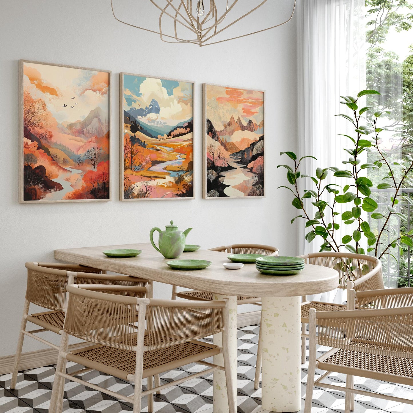 Rolling Hills Landscape Set of Three Art Prints - Wistful Grunge Palette - Misty Valley Poster Illustration Gift