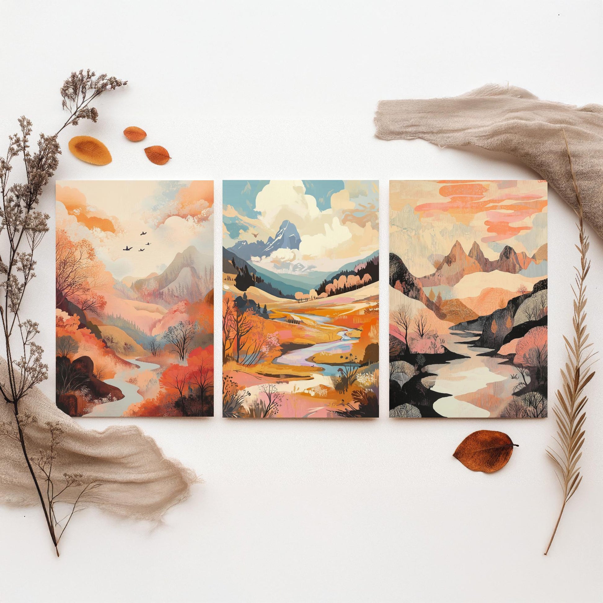 Rolling Hills Landscape Set of Three Art Prints - Wistful Grunge Palette - Misty Valley Poster Illustration Gift