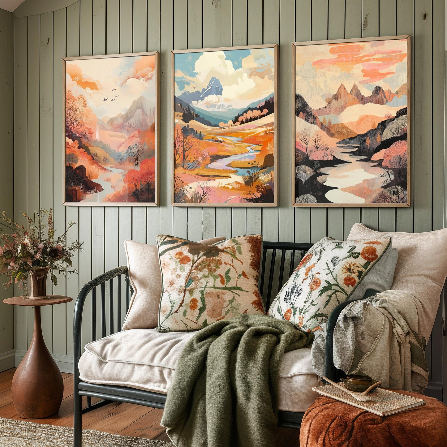 Rolling Hills Landscape Set of Three Art Prints - Wistful Grunge Palette - Misty Valley Poster Illustration Gift