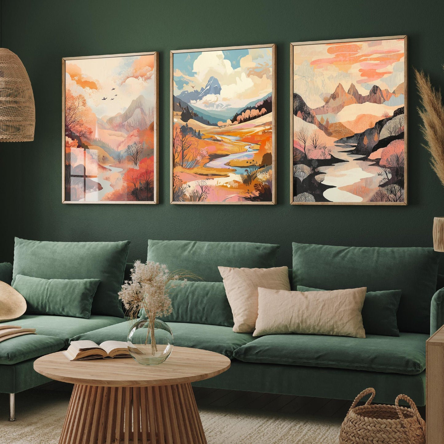 Rolling Hills Landscape Set of Three Art Prints - Wistful Grunge Palette - Misty Valley Poster Illustration Gift