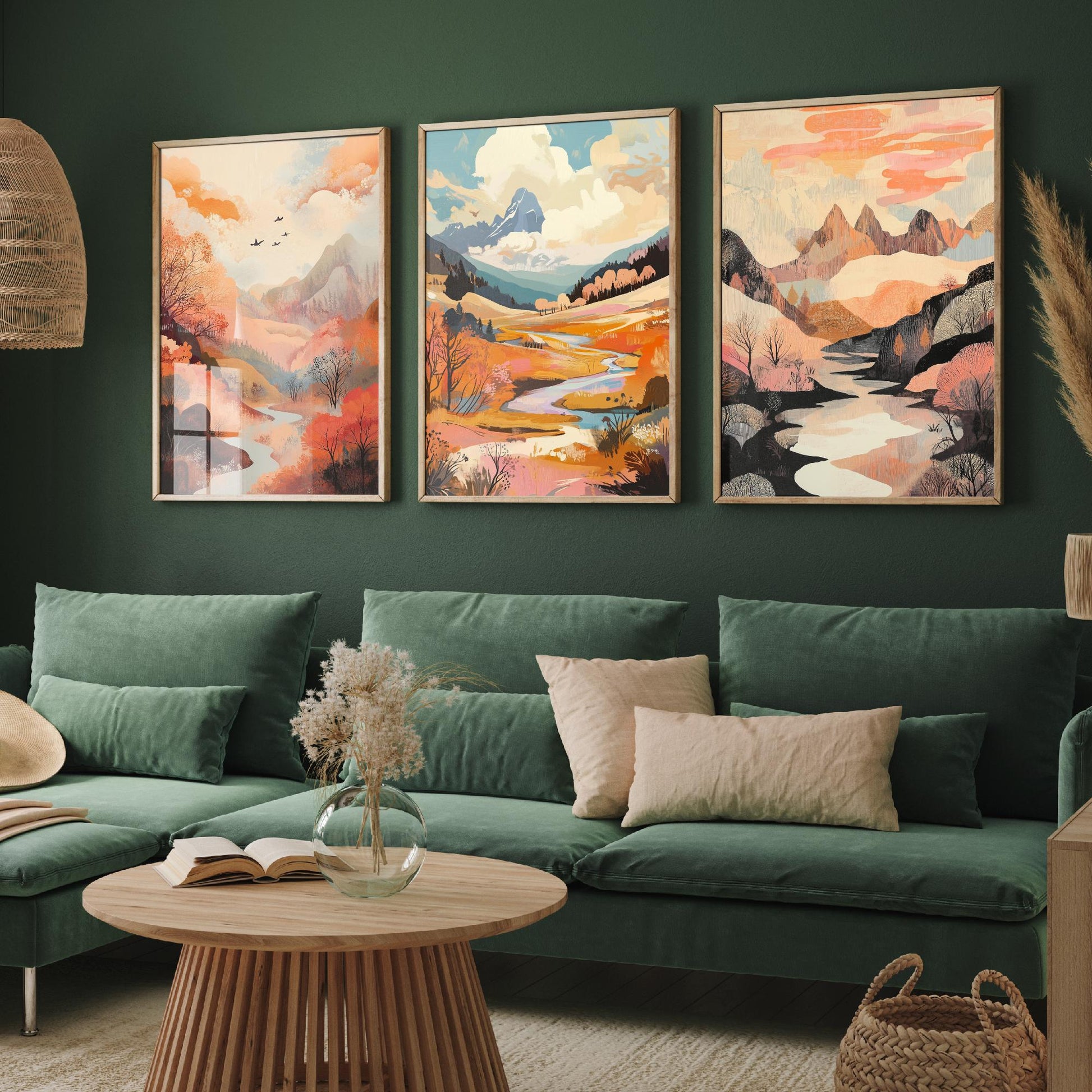 Rolling Hills Landscape Set of Three Art Prints - Wistful Grunge Palette - Misty Valley Poster Illustration Gift