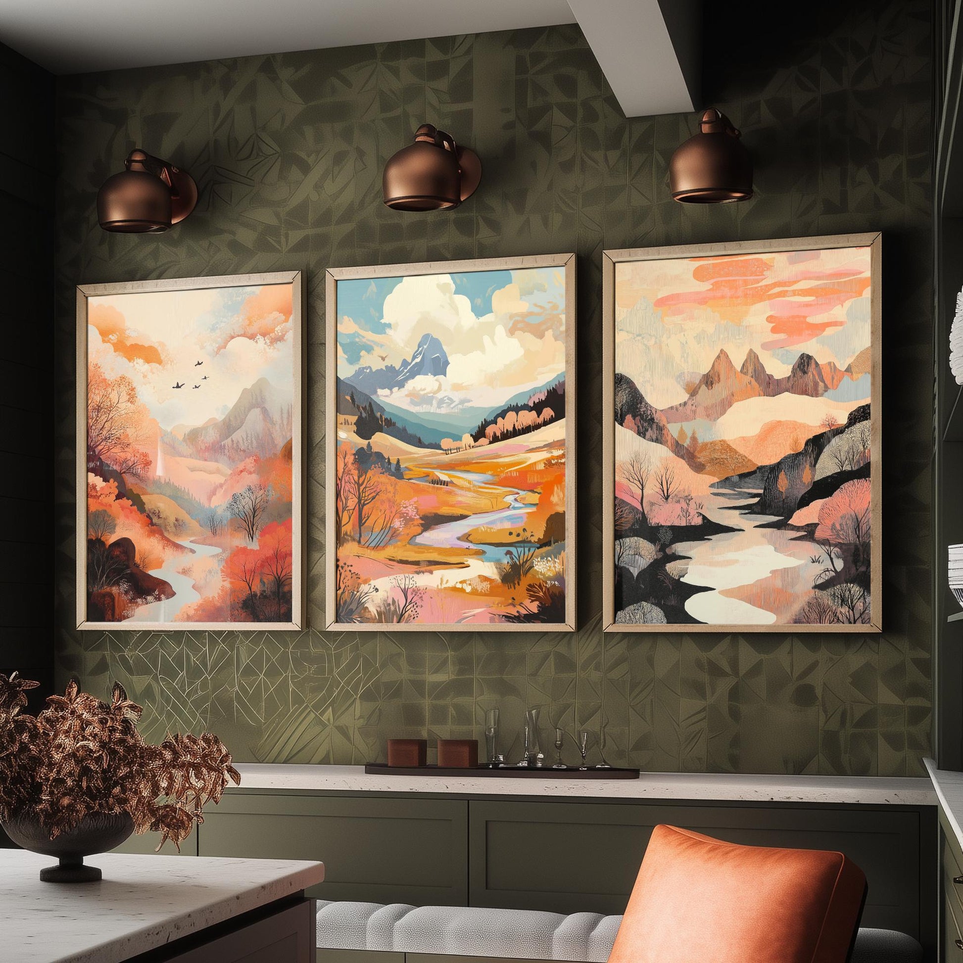 Rolling Hills Landscape Set of Three Art Prints - Wistful Grunge Palette - Misty Valley Poster Illustration Gift