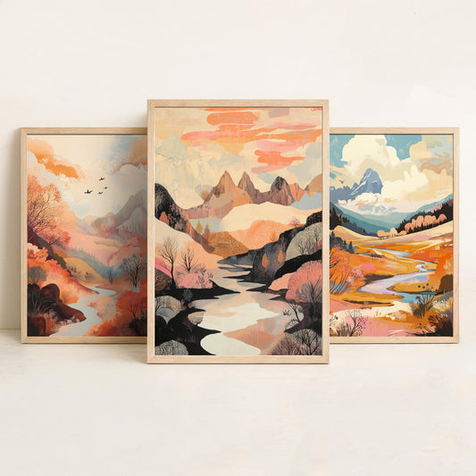 Rolling Hills Landscape Set of Three Art Prints - Wistful Grunge Palette - Misty Valley Poster Illustration Gift