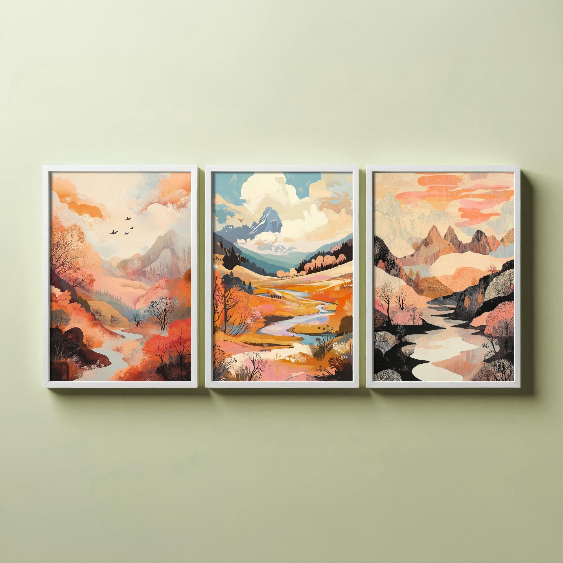 Rolling Hills Landscape Set of Three Art Prints - Wistful Grunge Palette - Misty Valley Poster Illustration Gift