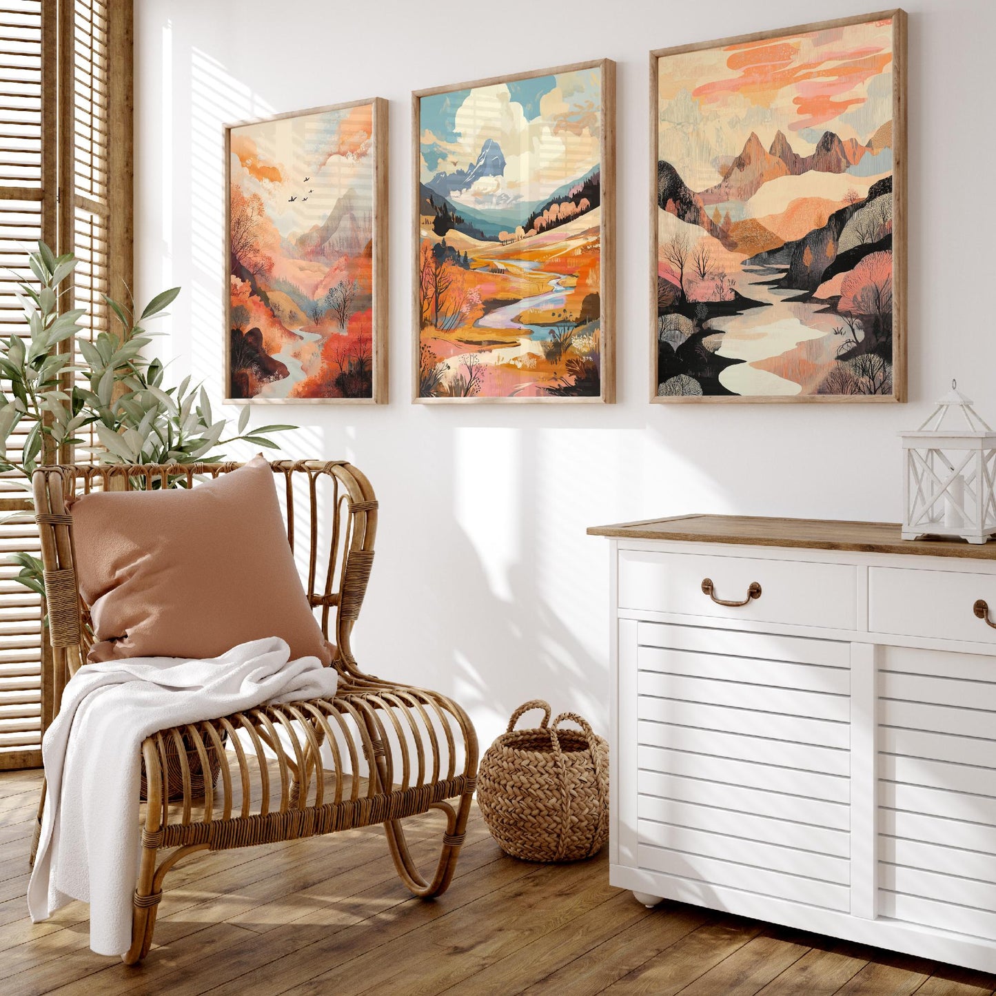 Rolling Hills Landscape Set of Three Art Prints - Wistful Grunge Palette - Misty Valley Poster Illustration Gift