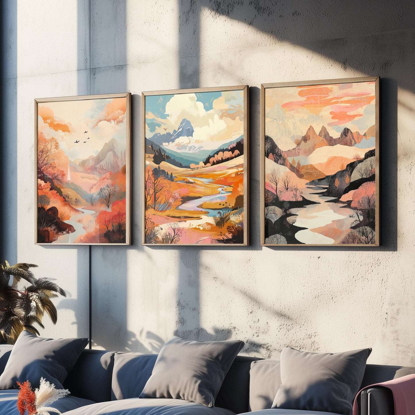 Rolling Hills Landscape Set of Three Art Prints - Wistful Grunge Palette - Misty Valley Poster Illustration Gift