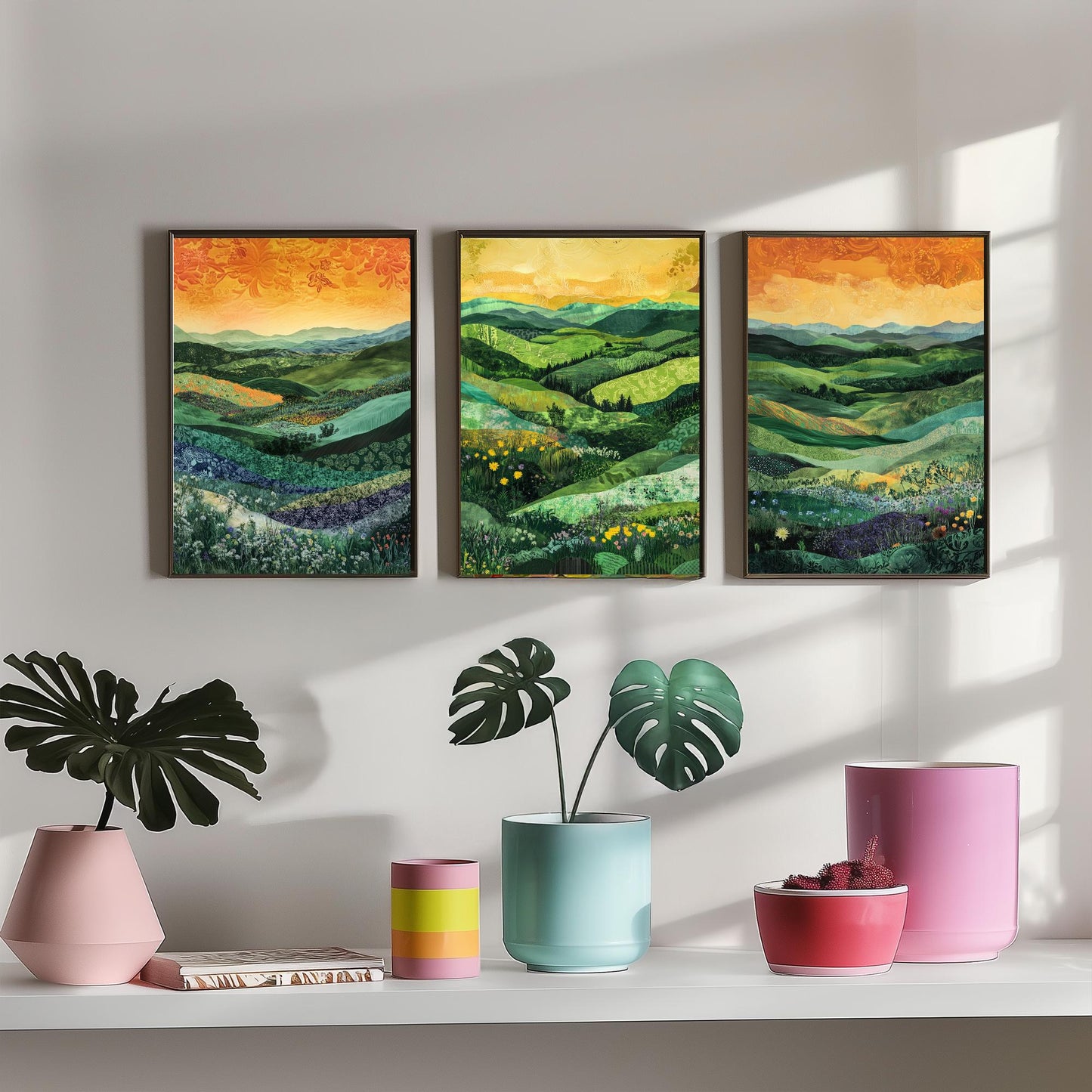 Green Rolling Hills Set of Three Art Prints - Patchwork Meadow Collage - Folk Landscape Poster Illustration Gift