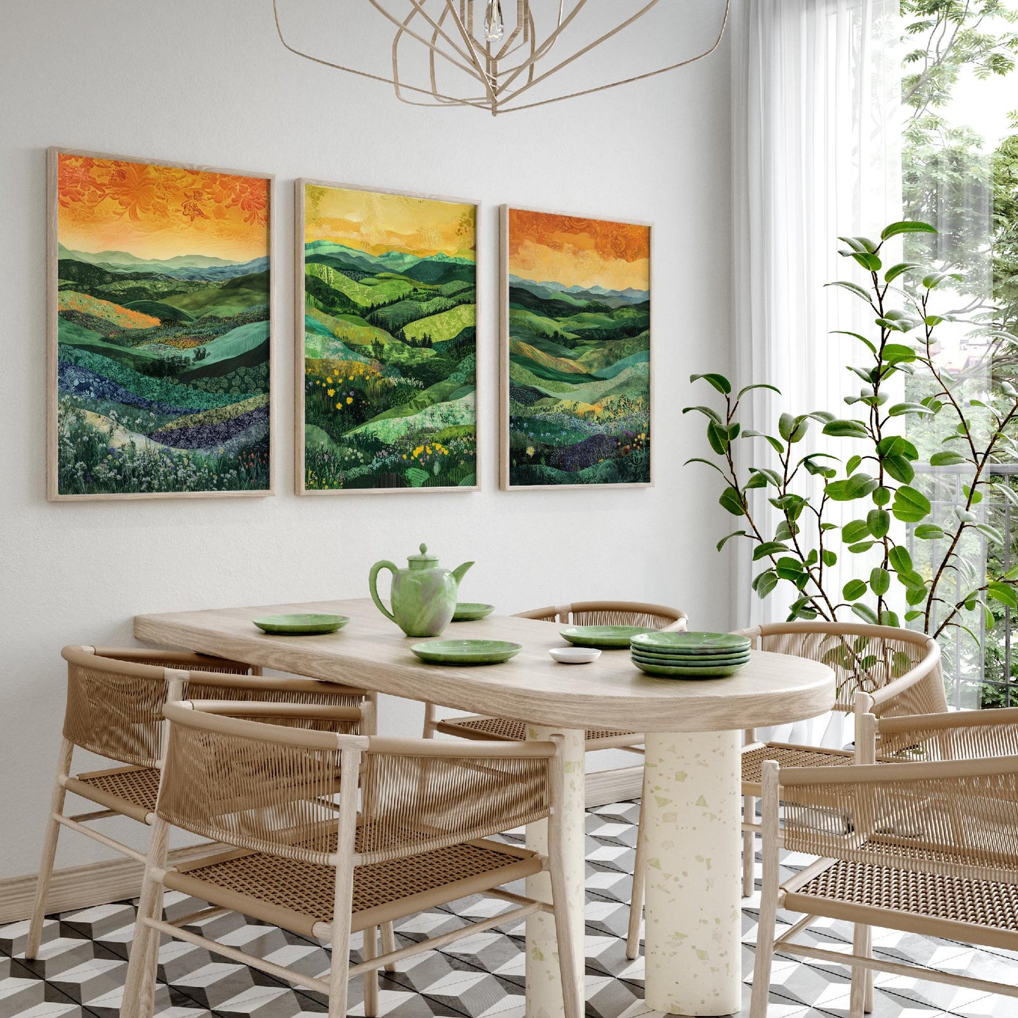 Green Rolling Hills Set of Three Art Prints - Patchwork Meadow Collage - Folk Landscape Poster Illustration Gift